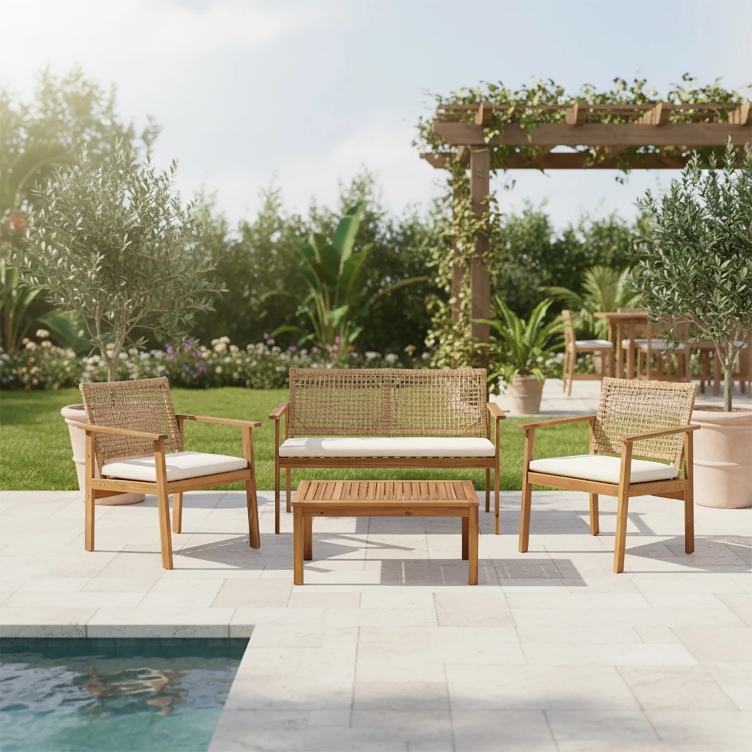VESTIAMO CASA GIARDINO - Set da giardino 4 pezzi Struttura in Legno di Acacia, Schienale Effetto Rattan e cuscini Beige