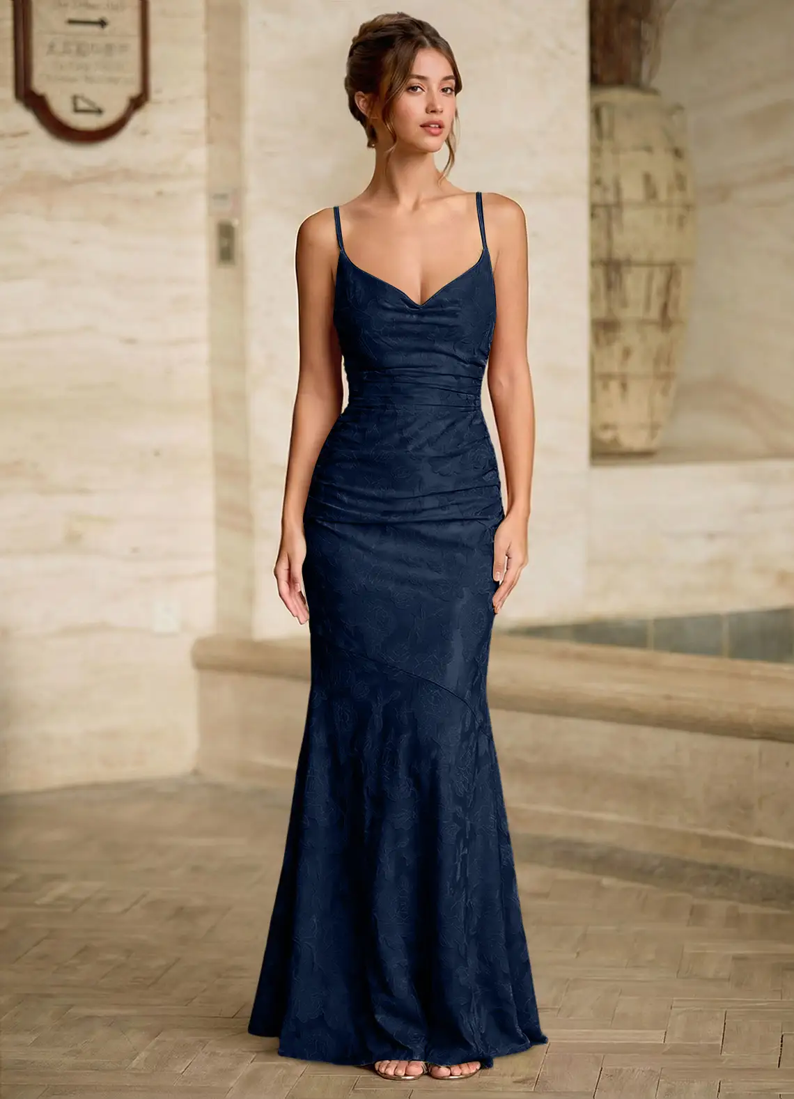 Leahenmo Navy Textured Floral Jacquard Prom Dress