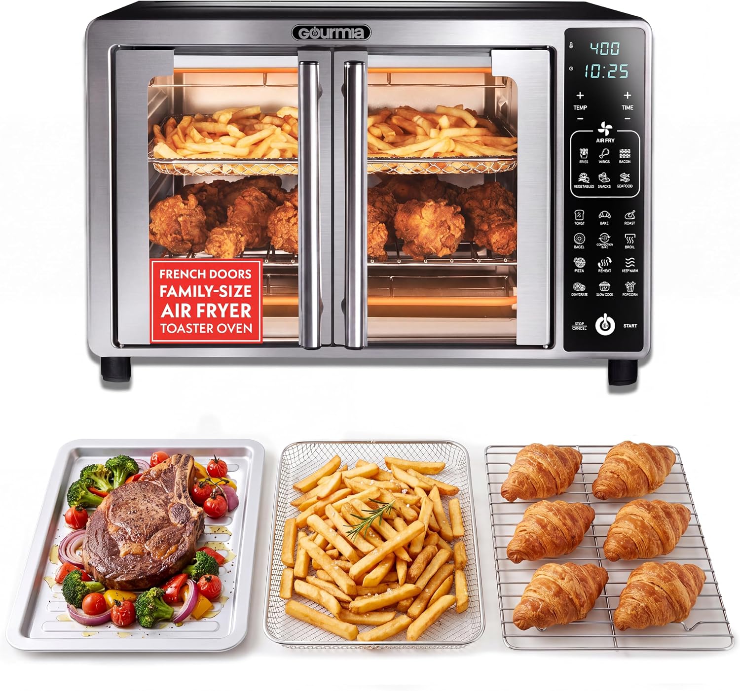 Gourmia Air Fryer French Door Toaster Oven - 6-Slice Capacity, LED Display with 19 Cooking Presets, Stainless Steel