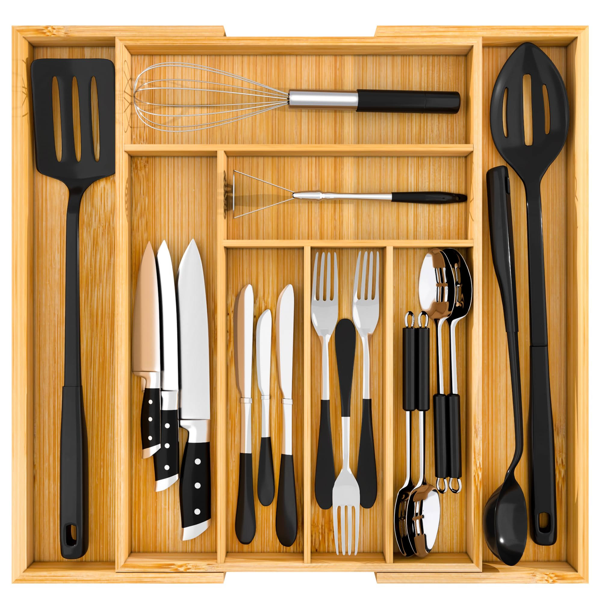 Utopia Kitchen Bamboo Cutlery & Knives Tool Tray - 8 Compartments - Expandable Organizer