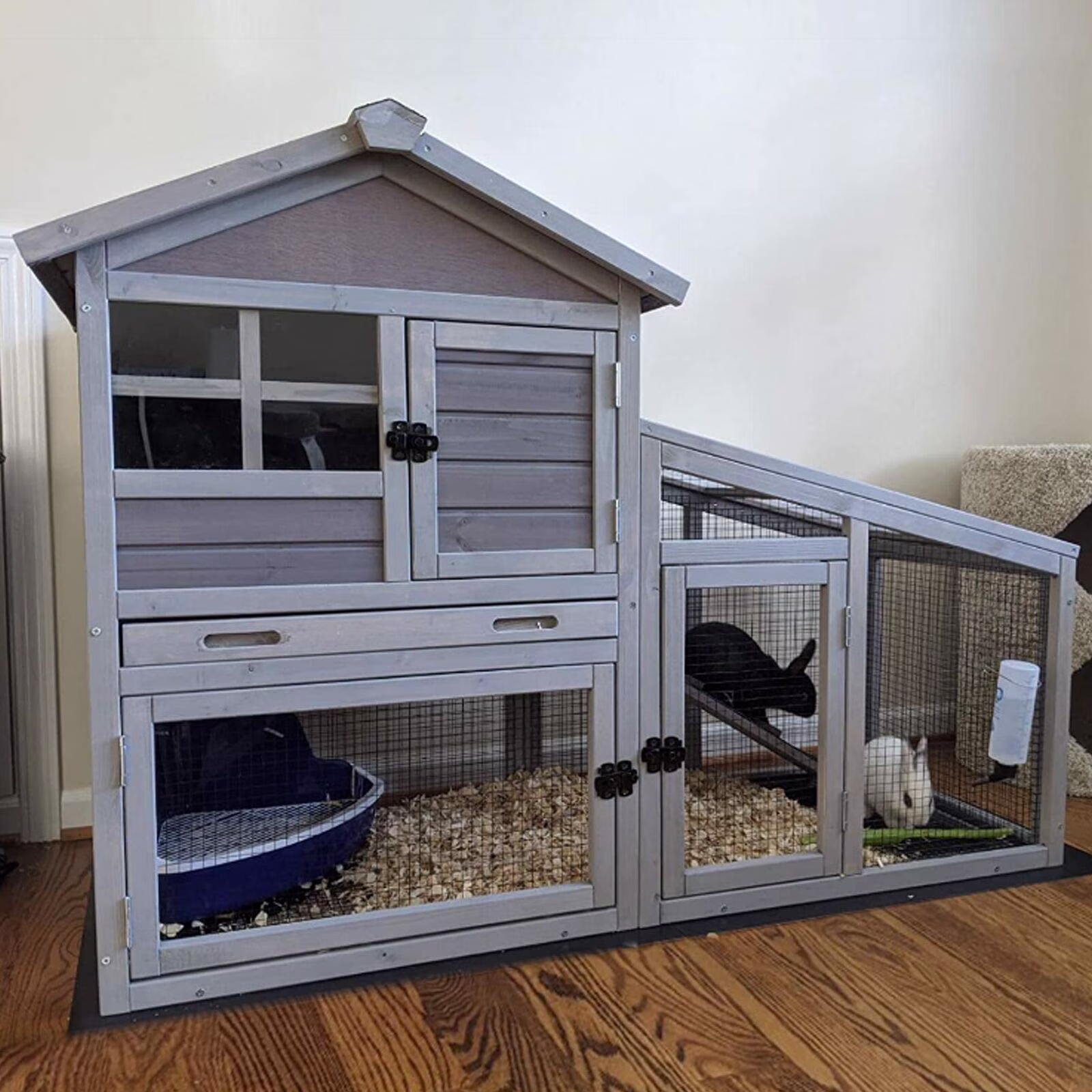 Rabbit Hutch Outdoor Indoor Bunny Cage with Pull Out Tray, Upgraded Chicken Coop with Removable Wire Mesh Bottom, Gray