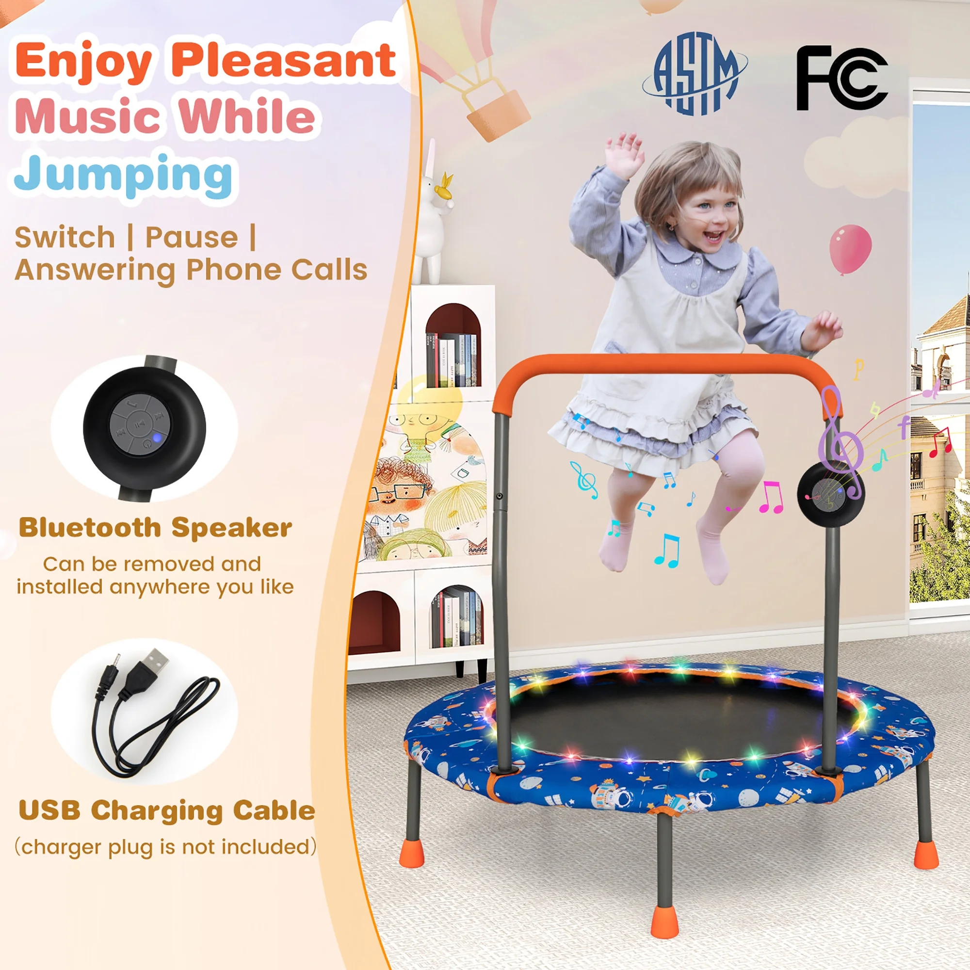 36'' Mini Toddler Trampoline w/ LED Bluetooth Speaker Detachable Handle Kids Gifts Blue - Image 6