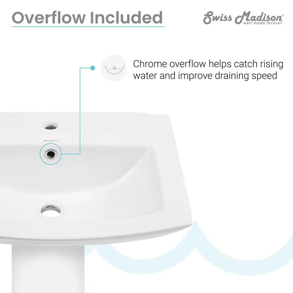 Pedestal Bathroom Sink Square Single Faucet Hole(White) - Image 10