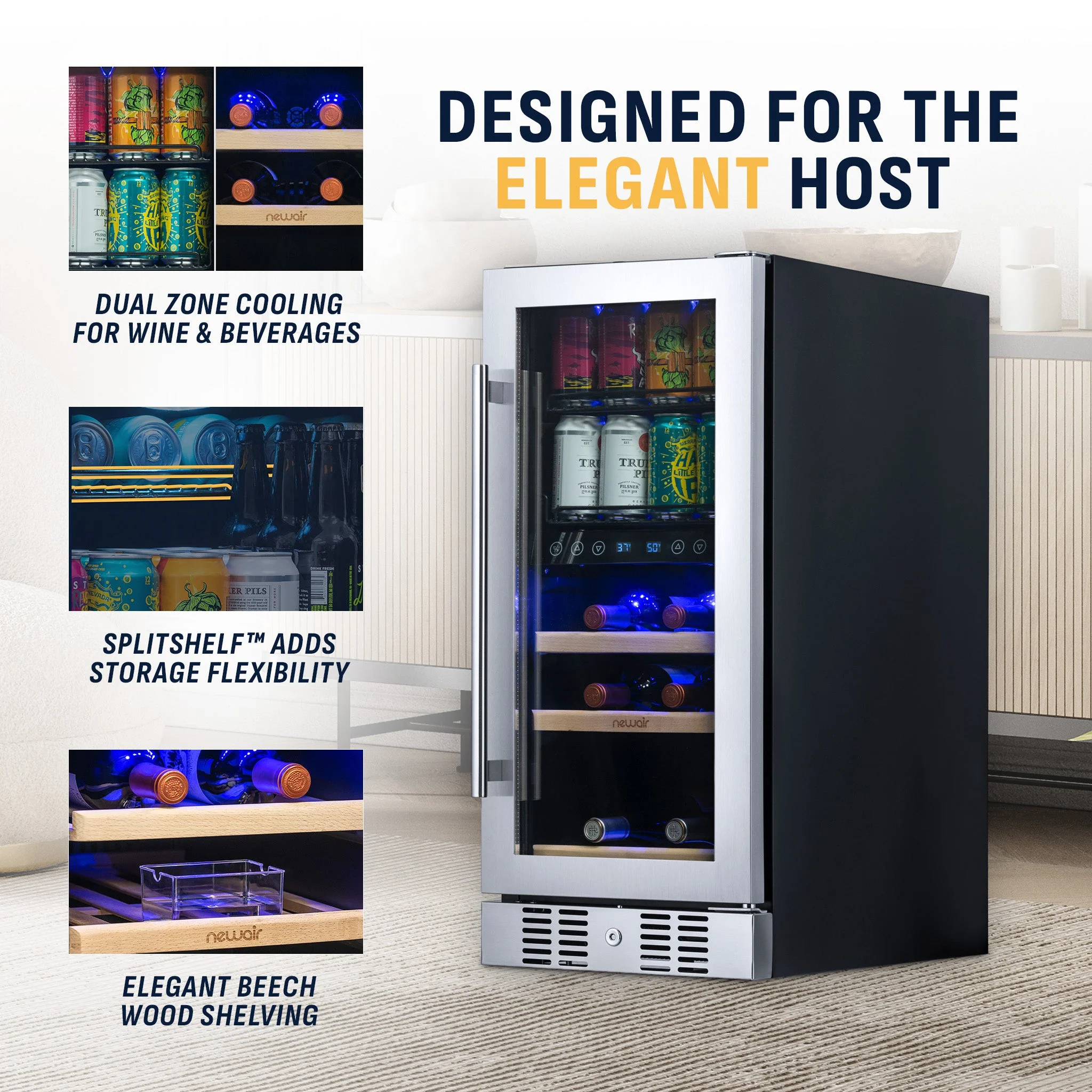 Newair 48-Can, 9-Bottle Built-in Dual Zone Beverage Fridge - 15