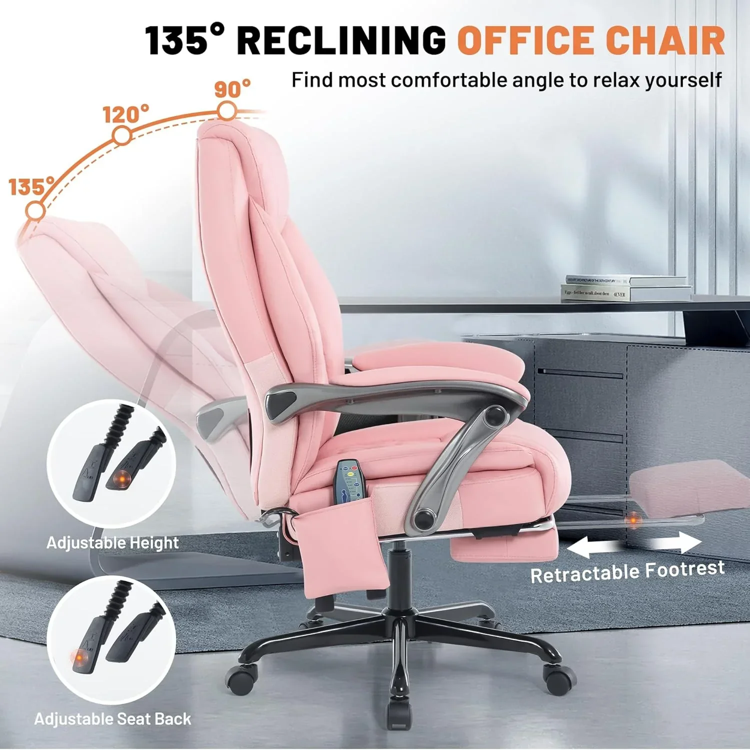 Fauteuil de bureau massant avec chauffage et repose-pieds, fauteuil de bureau ergonomique inclinable de direction