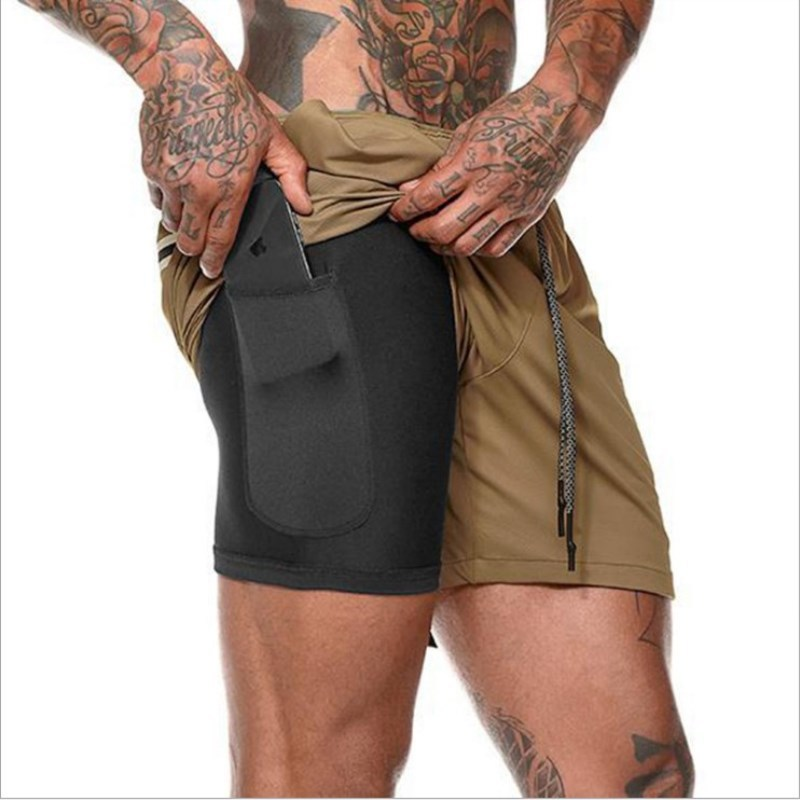 Short de sport respirant 2 en 1 pour homme, idéal pour la course et l'entraînement, avec poches pour téléphone. Disponible en 19 couleurs.