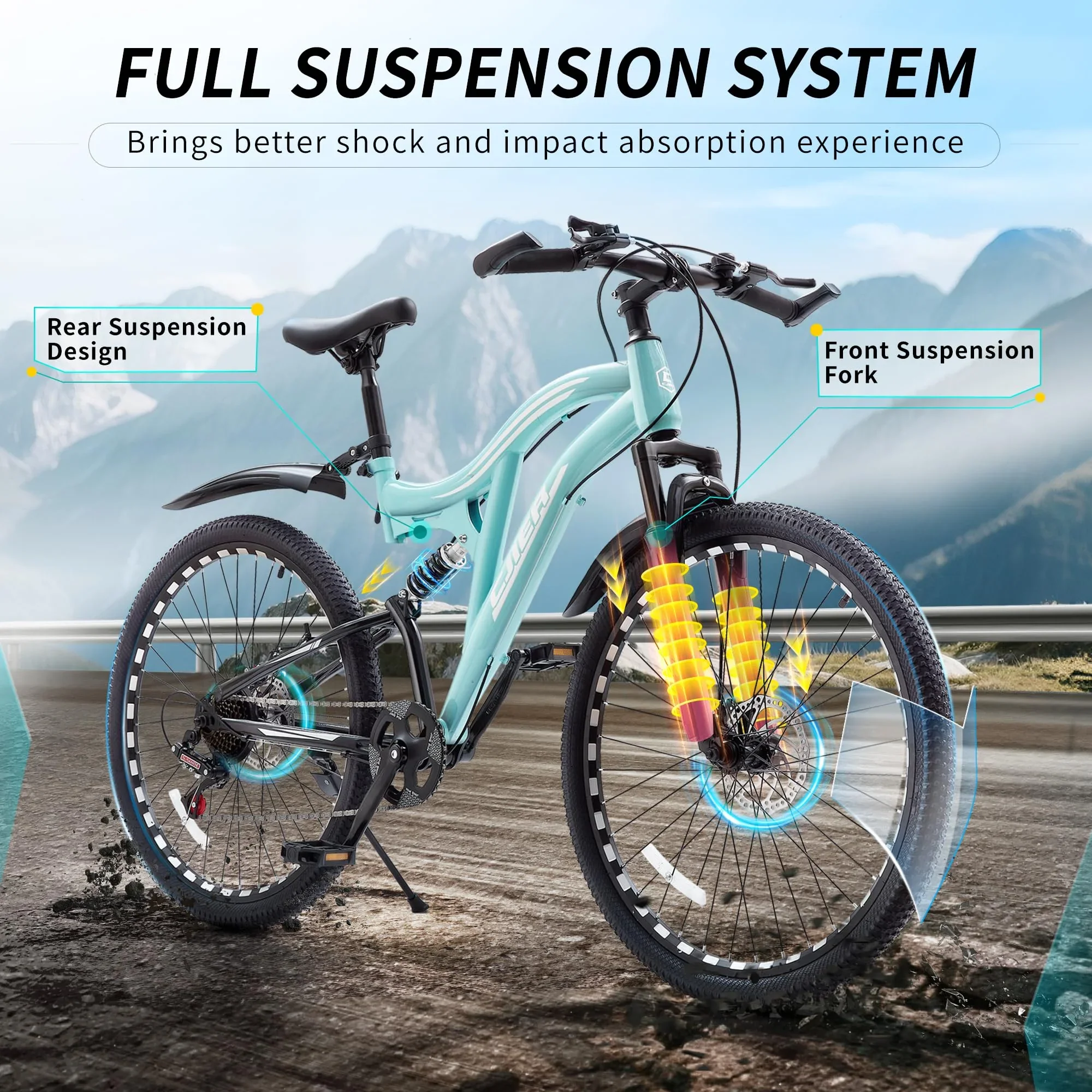 Mountain Bike for Adults, Akaber 24 Inch Full Dual Suspension MTB Bicycle, 7-Speed High-Carbon Steel Frame with Double Disc Brake, Softail Design for Men/Women Outdoor Trail Riding