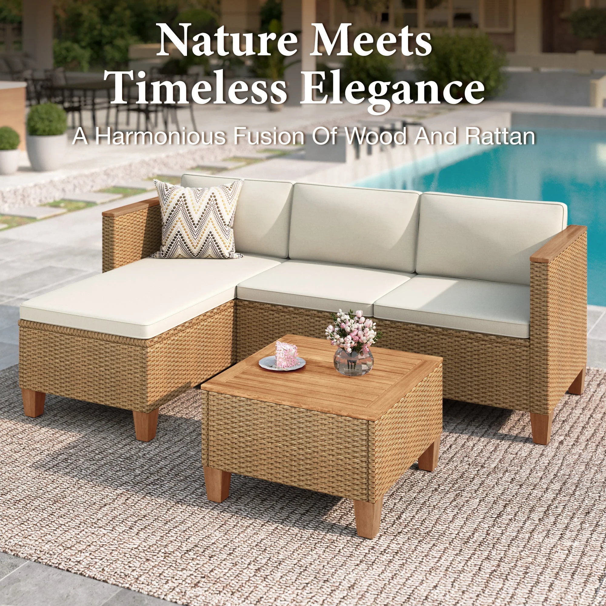 3-Piece Patio Furniture Conversation Set, All-Weather Wicker Outdoor Sectional Sofa Set with Table Cushions, Beige - Image 4