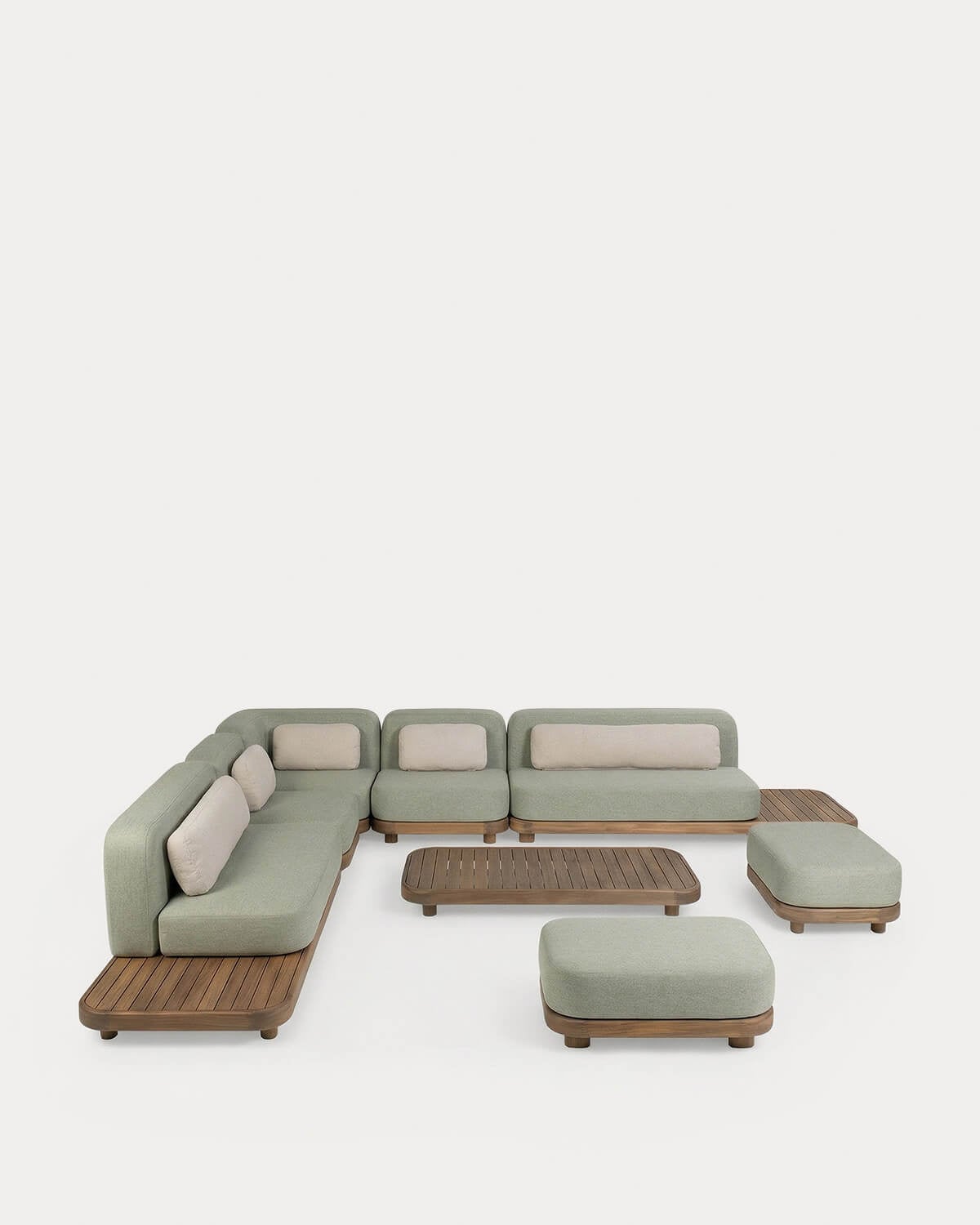 Redik - Conjunto de Jardín con 7 Módulos, Sofá, Central, Esquinero, Puff y Mesa de Centro de Madera de Acacia y Tela Redik