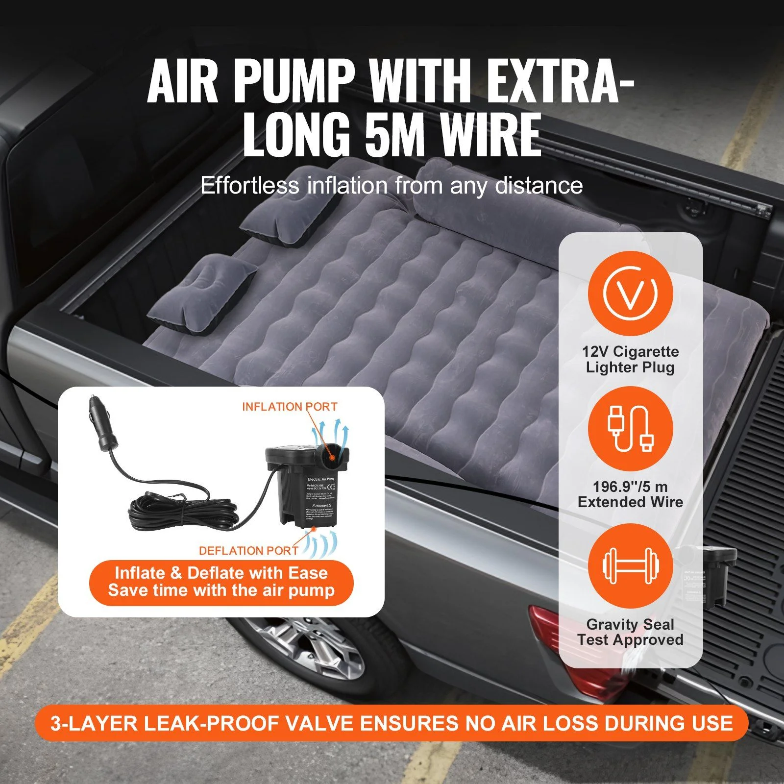 Truck Bed Air Mattress for 6-6.5 ft Beds, Inflatable Camping Mattress w/ 12V Pump, 2 Pillows Bag, Fits Ford F150/250/350, Chevy Silverado, Dodge Ram - Image 4