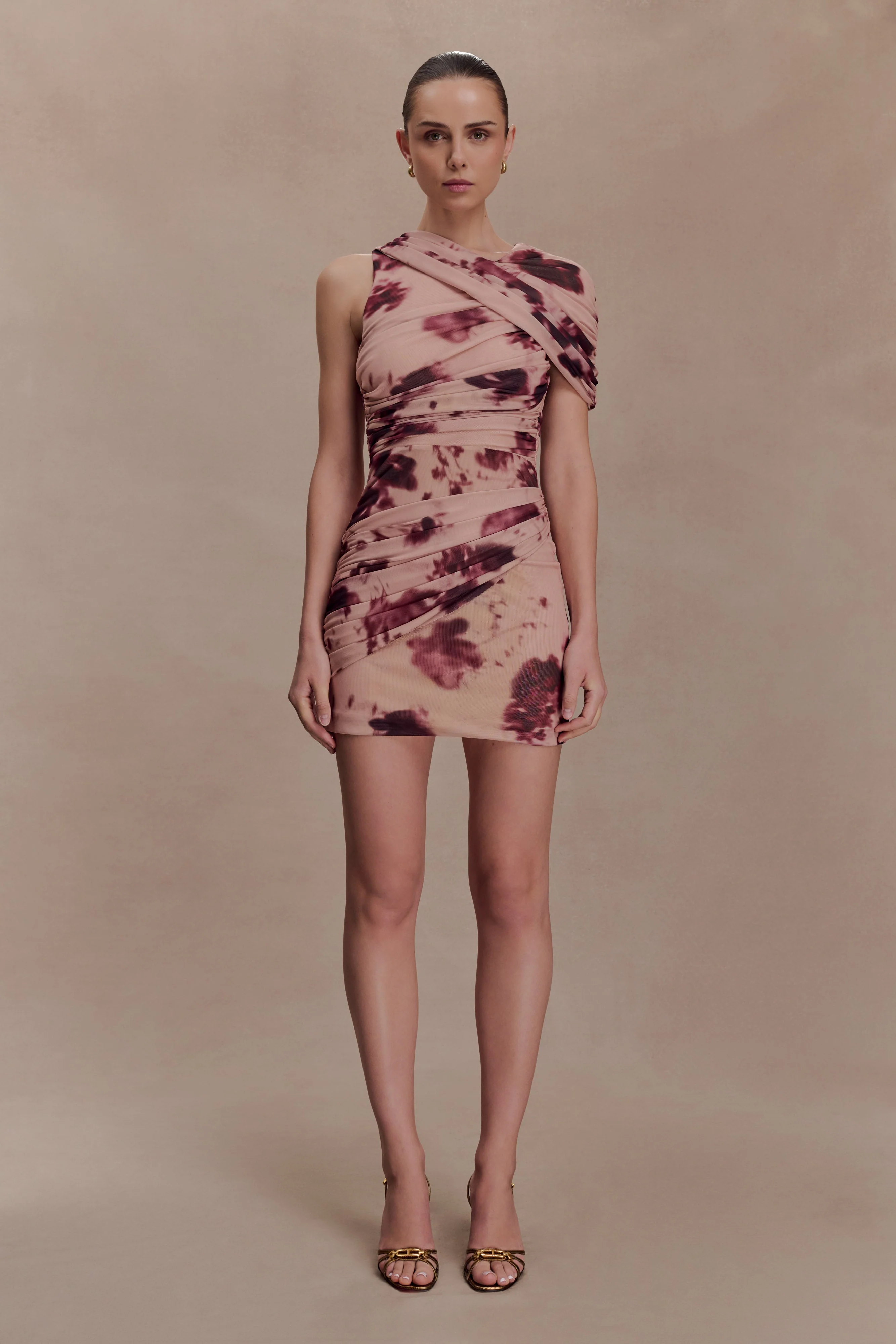 Adrienne One Shoulder Mesh Mini Dress - Nude Blurred Floral Print
