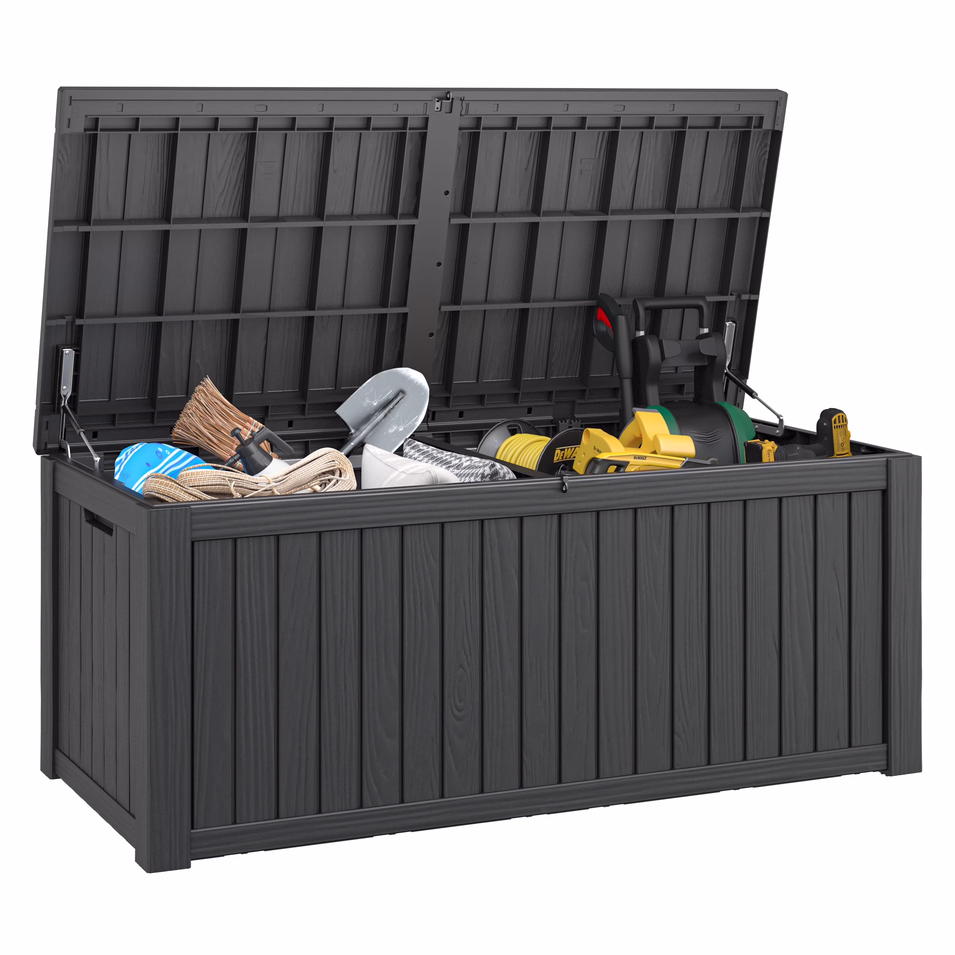 150 Gallon Deck Box, Outdoor Storage Box, Large Waterproof Resin Indoor Storage Box with Built-in Steel Beams for Patio, Cushions, Pool Supplies(150 gal/Black)