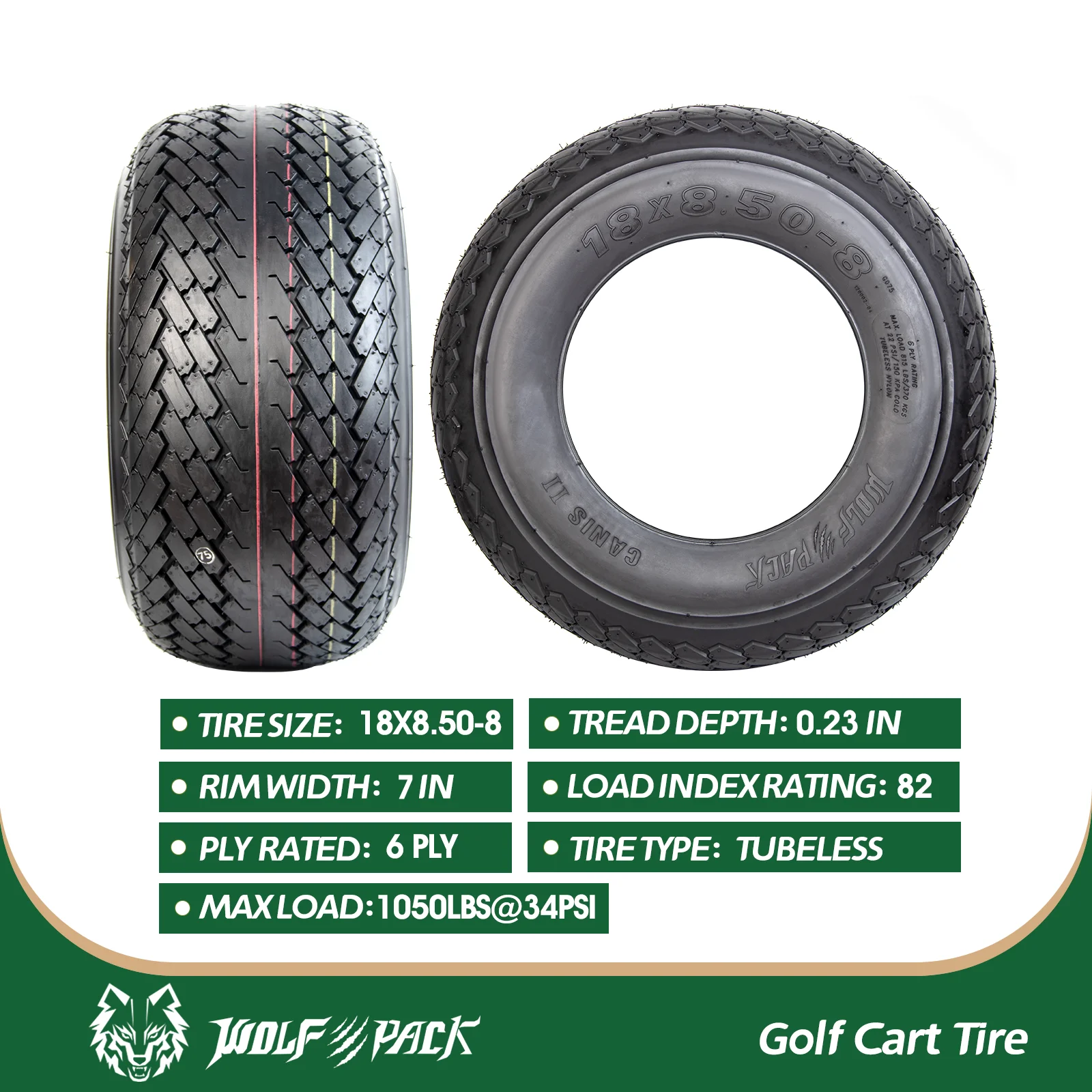 Set 4 WOLF PACK 18X8.5 - 8 6PR Golf Cart Tires Non - Directional Tubeless Tire Multi - Terrain Tire with Superior Traction and Mud - Resistant Self - Cleaning Tread Design for Long - Lasting Performance