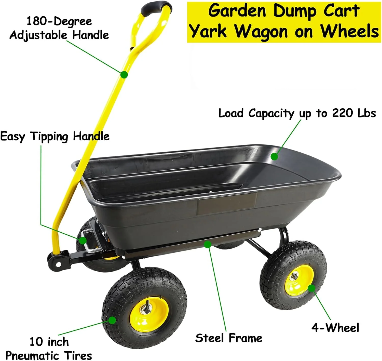 Garden Cart Yard Wagon Dump Cart on Wheels Outdoor Gardening Cart with Steel Frame Lawn Garden Dump Cart Utility, 220 lb. Capacity, 55L, 10" Pneumatic Tire (Black) - Image 4