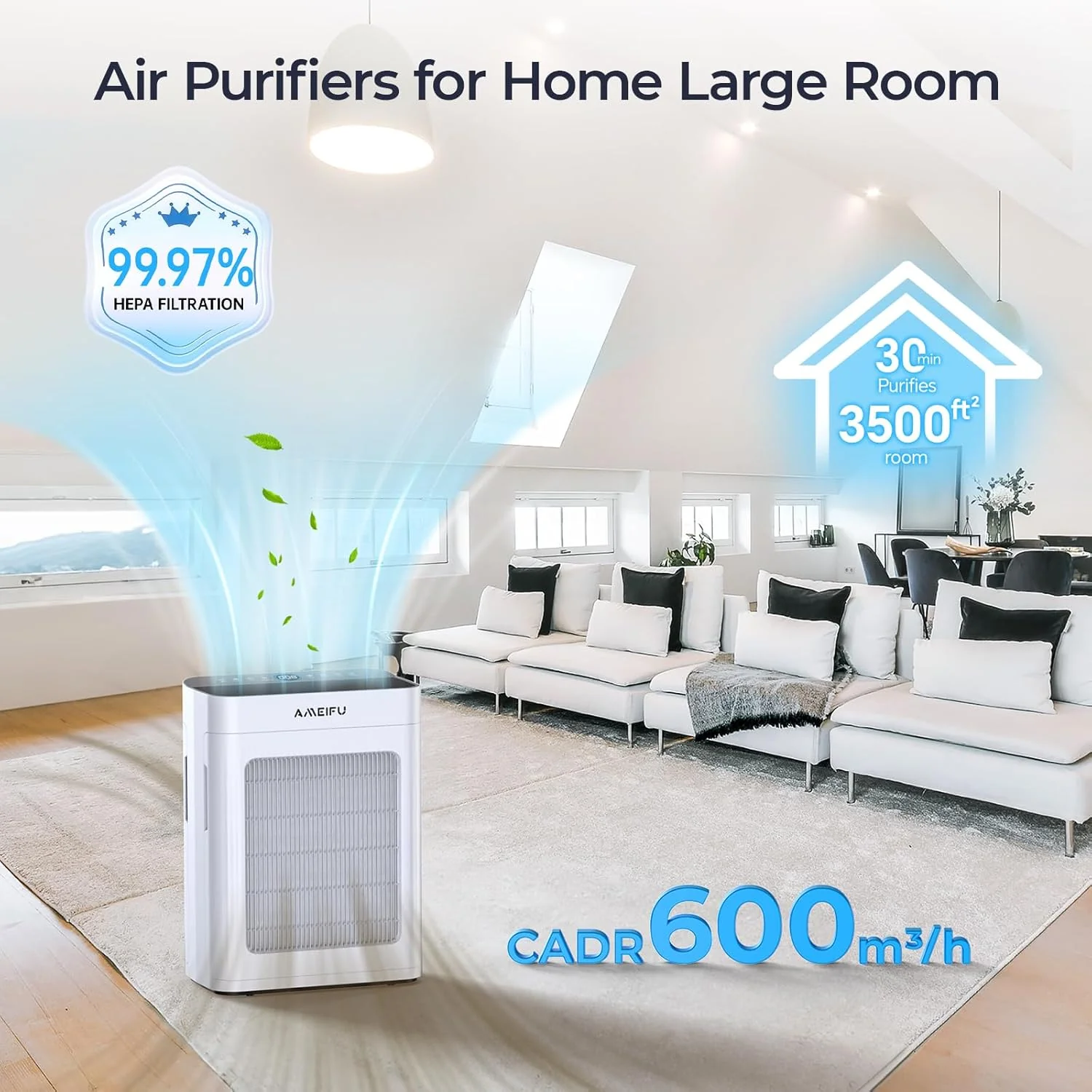 Purificateur d'air pour grande pièce (jusqu'à 325 m²) avec préfiltre lavable, filtre HEPA double face à 3 niveaux, application Wi-Fi intelligente, mode nuit, affichage PM2.5. Idéal pour les poils d'animaux, la poussière et la fumée.