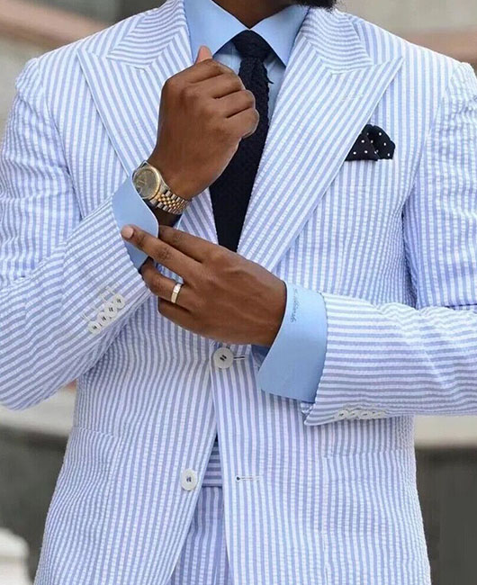 Ensemble blazer et pantalon 2 pièces en seersucker rayé avec poches et col à revers boutonné