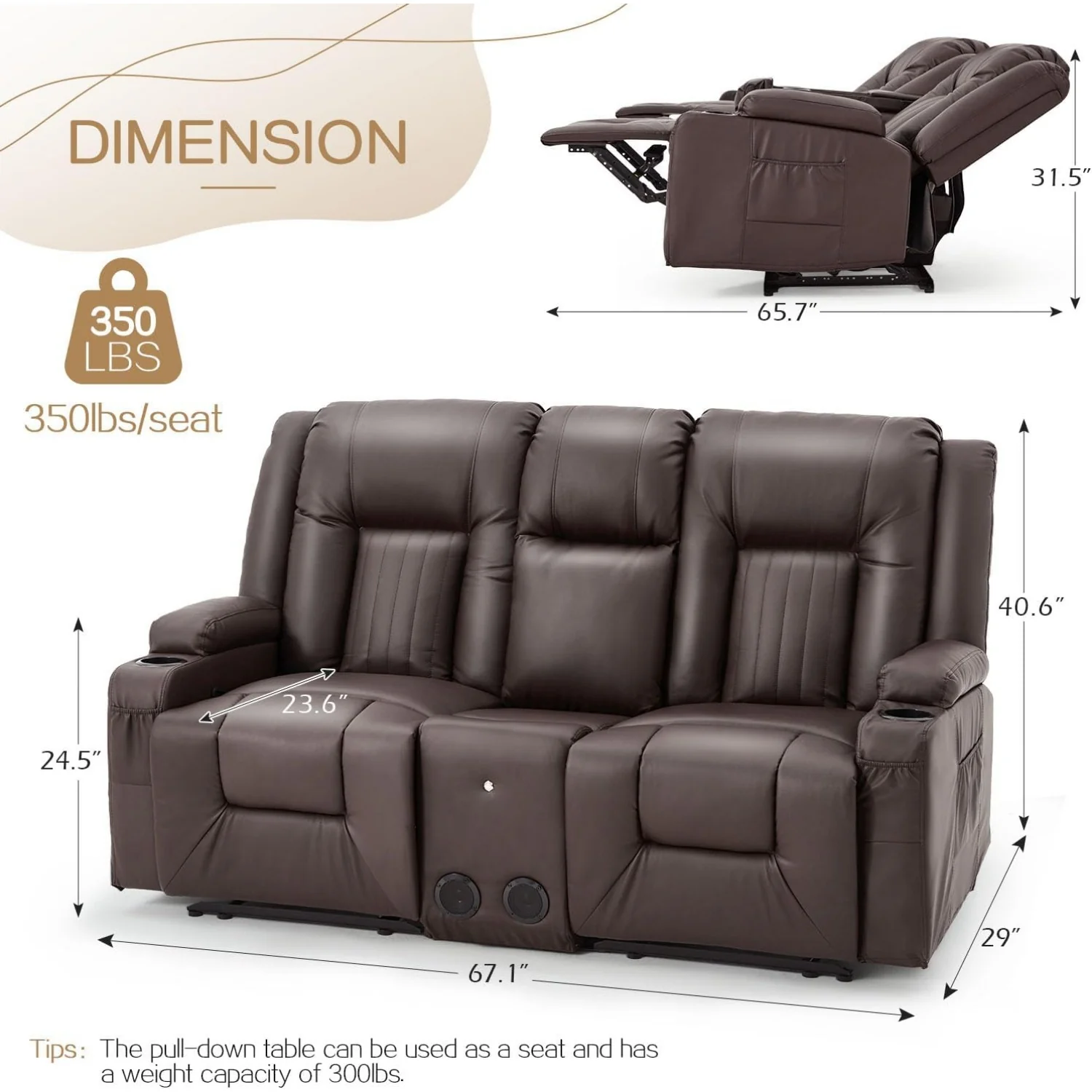 AECOJOY Recliner Loveseat with Console&Bluetooth Speakers, Manual RV Reclining Sofa, Brown