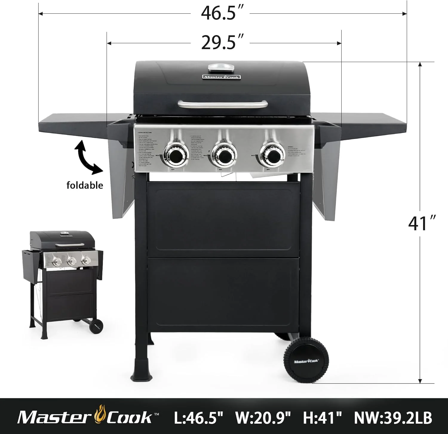 Barbecue à gaz propane à 3 brûleurs, en acier inoxydable, 30 000 BTU, pour terrasse ou jardin, avec deux étagères pliables.