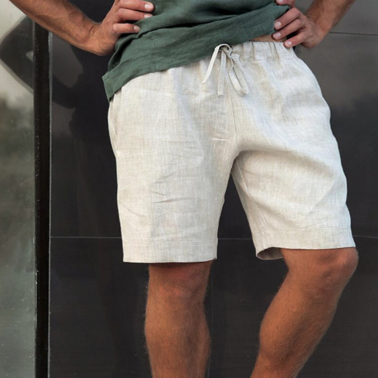 Men's Summer Loose Lace-Up Five-Point Pants Solid Color Linen Shorts