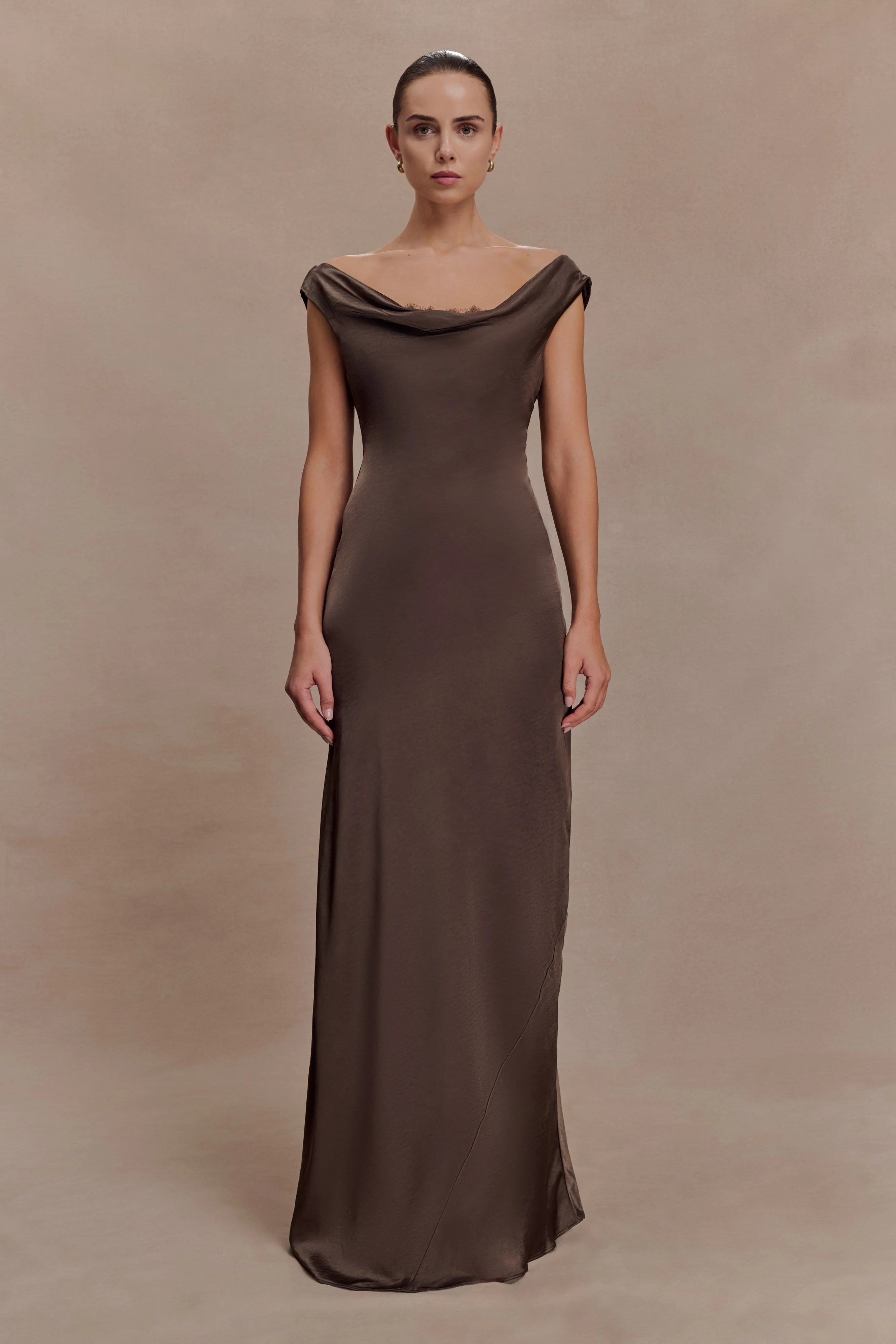 Ashley Cowl Neck Lace And Satin Maxi Dress - Mocha