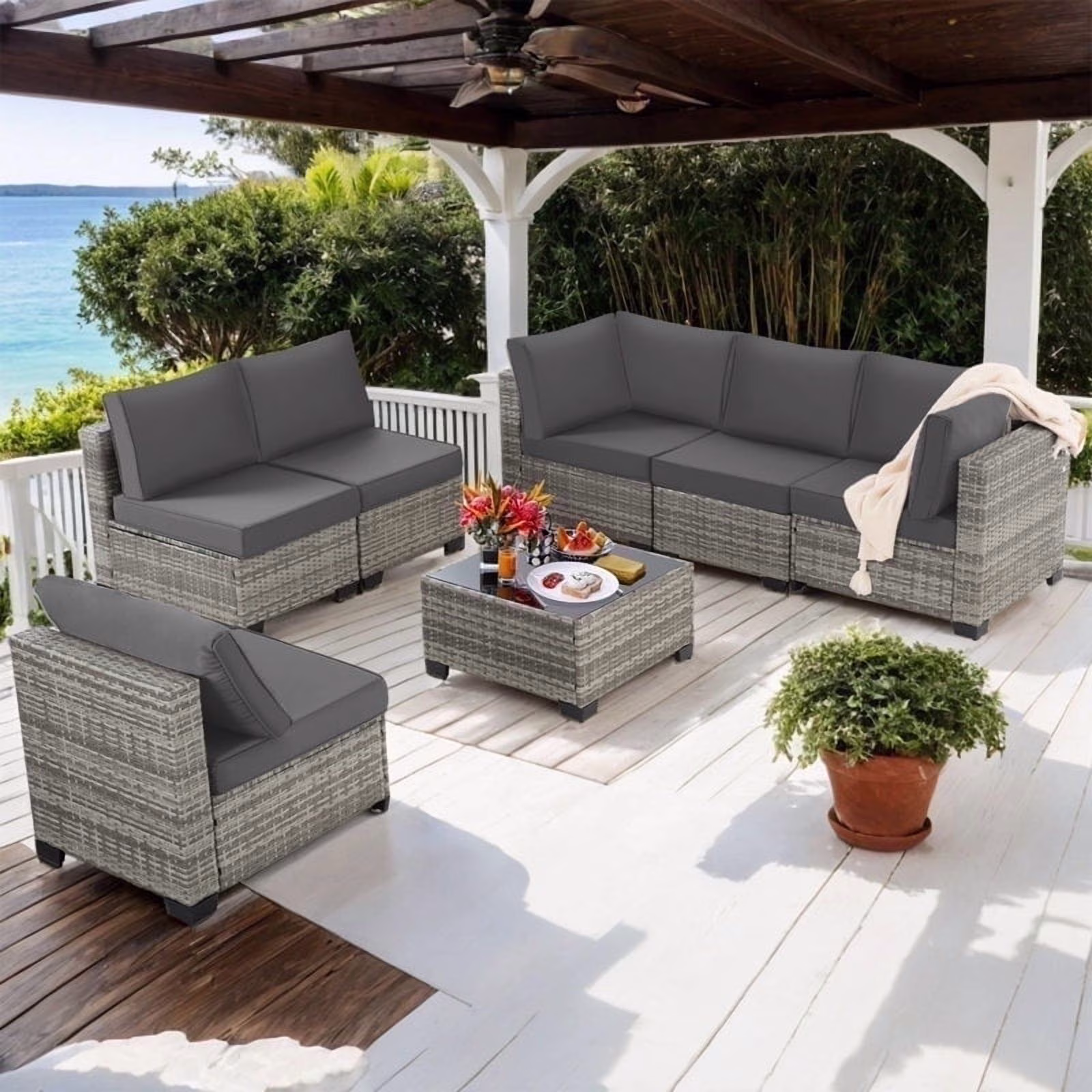 7 Pcs Outdoor Patio Furniture Sofa Set on Sale, Grey Rattan Grey Cushion(7PCS/Grey Rattan/Grey Cushion)