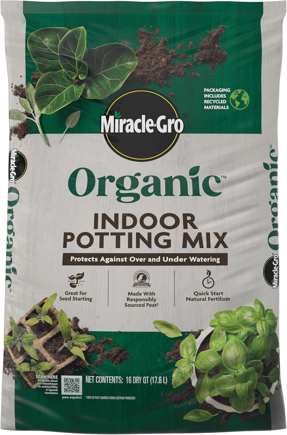Miracle-Gro Organic Indoor Potting Mix, 16 qt| Protects Against Over & Under Watering, Planting Soil For Indoor Container Plants, Houseplants & Starter Plants, OMRI Listed