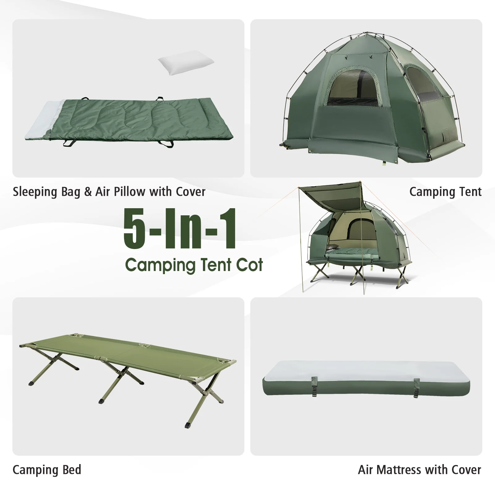 1-Person Folding Camping Tent Cot Portable Pop-Up Tent w/Sleeping Bag Air Mattress for Outdoor - Image 4