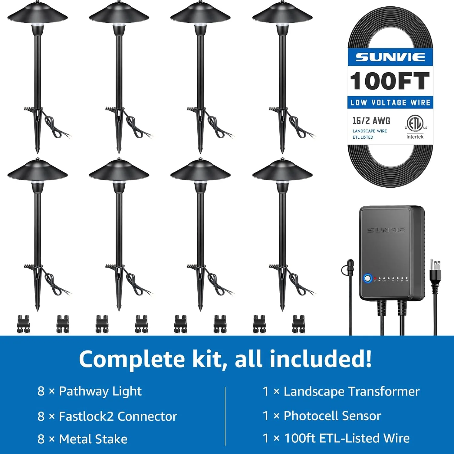 SUNVIE All - in - One Low Voltage Pathway Lighting Kit, 8 Pack LED Light with Transformer and Wire