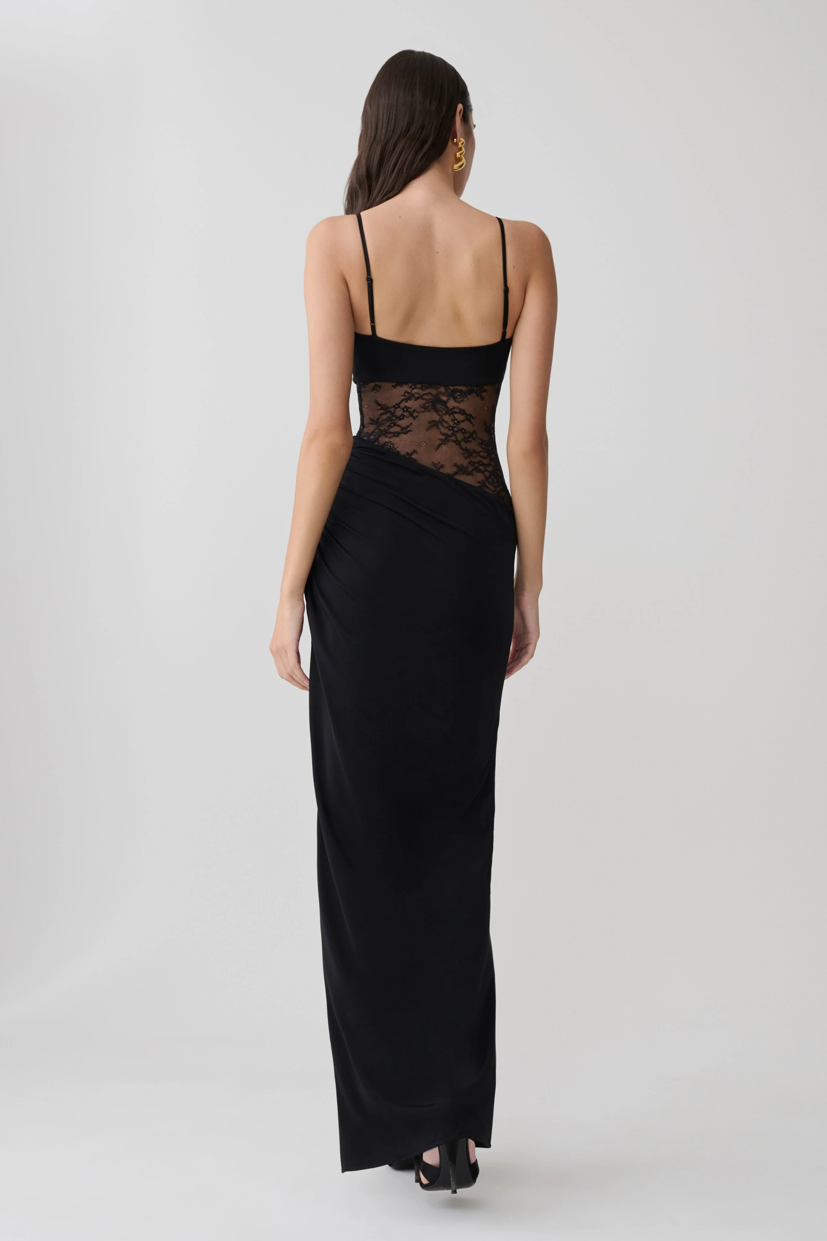 Kelela Draped Slinky And Lace Maxi Dress - Black