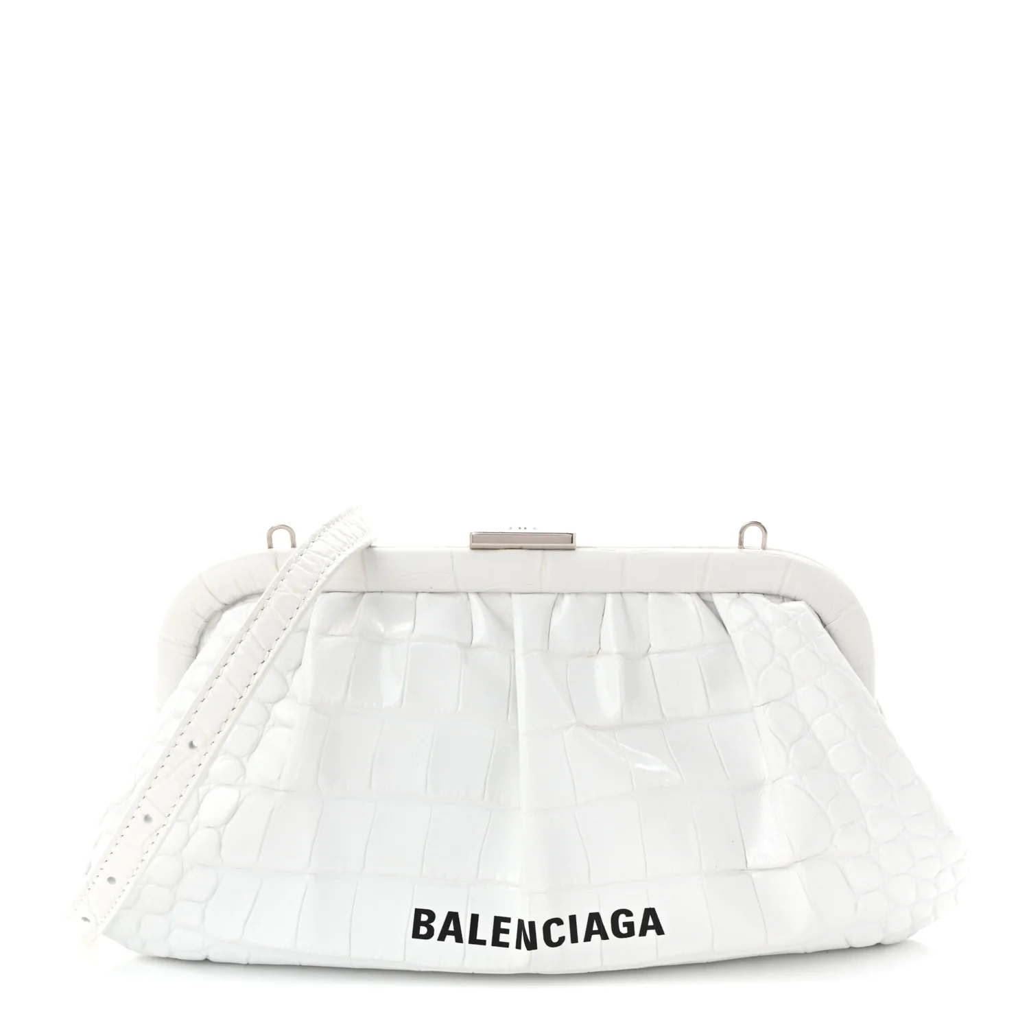 Shiny Supple Calfskin Logo Crocodile Embossed Cloud Clutch XS White