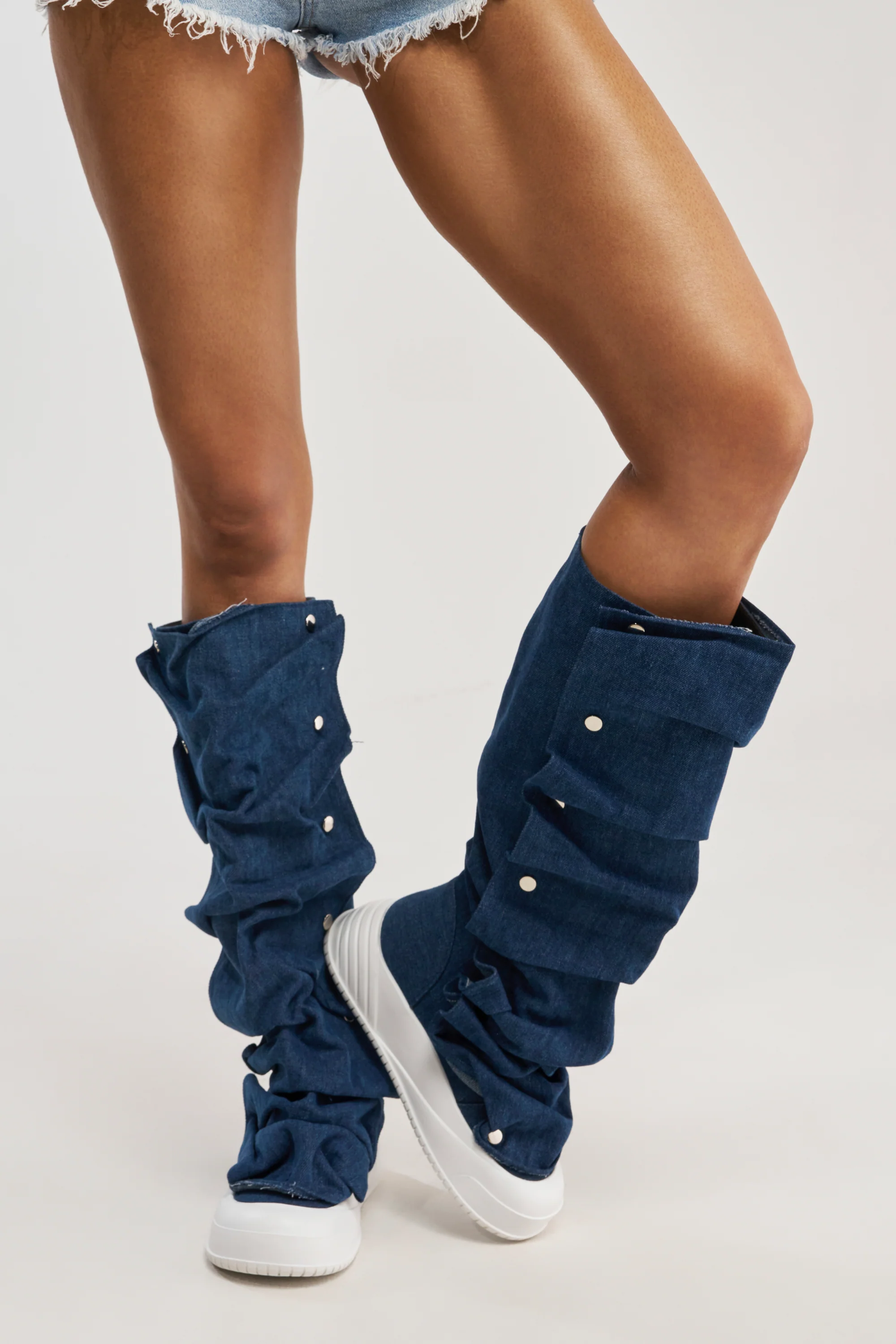 AKIRA GOLD ALIXY DENIM FLAT RUFFLE BOOT - Akira Store