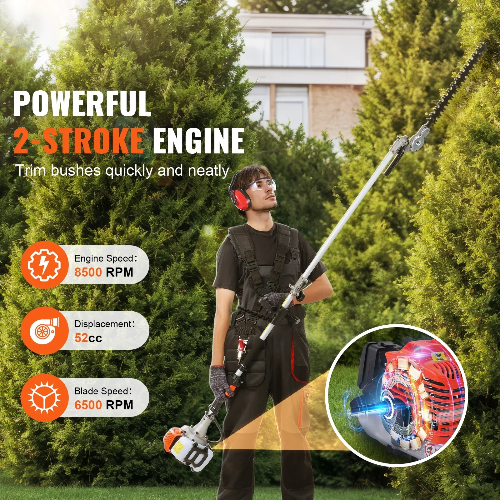 KFFKFF 26CC 5-in-1 Versatile Gardening Tools, Gas-Powered Hedge Trimmer, Grass Cutter, Line Trimmer, Edger, and Pole Saw with Extendable Shaft