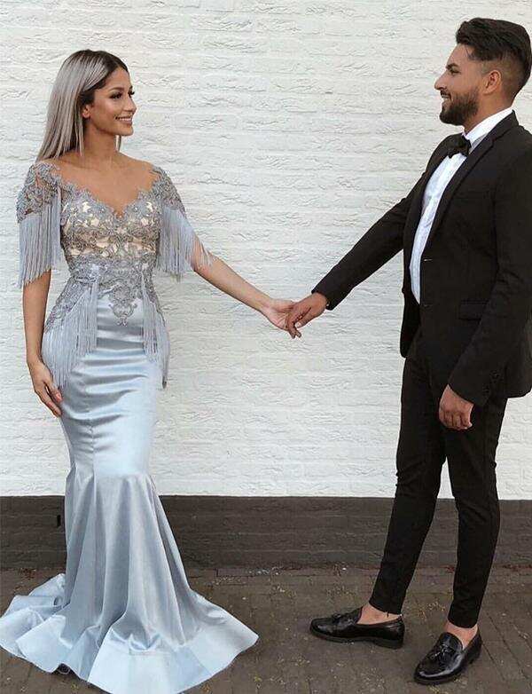 Mermaid V-Neck Short Sleeve Appliques Long Grey Prom Dress DMH33