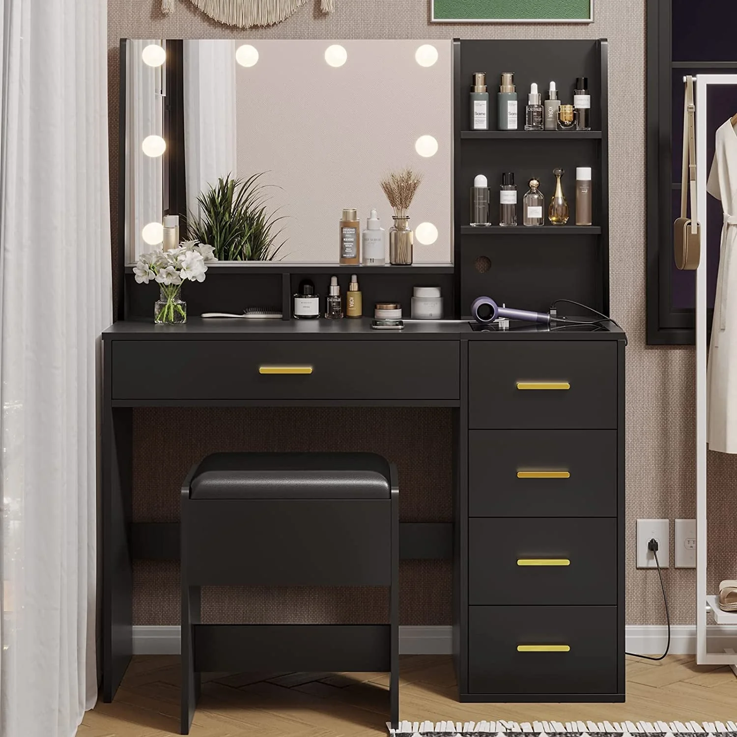 Black Vanity Set with Lights Charging Station Cushioned Stool, Modern Makeup Vanity Desk Table with Visible Drawers and Open Storage Shelves for Women Girls(Black) - Image 4