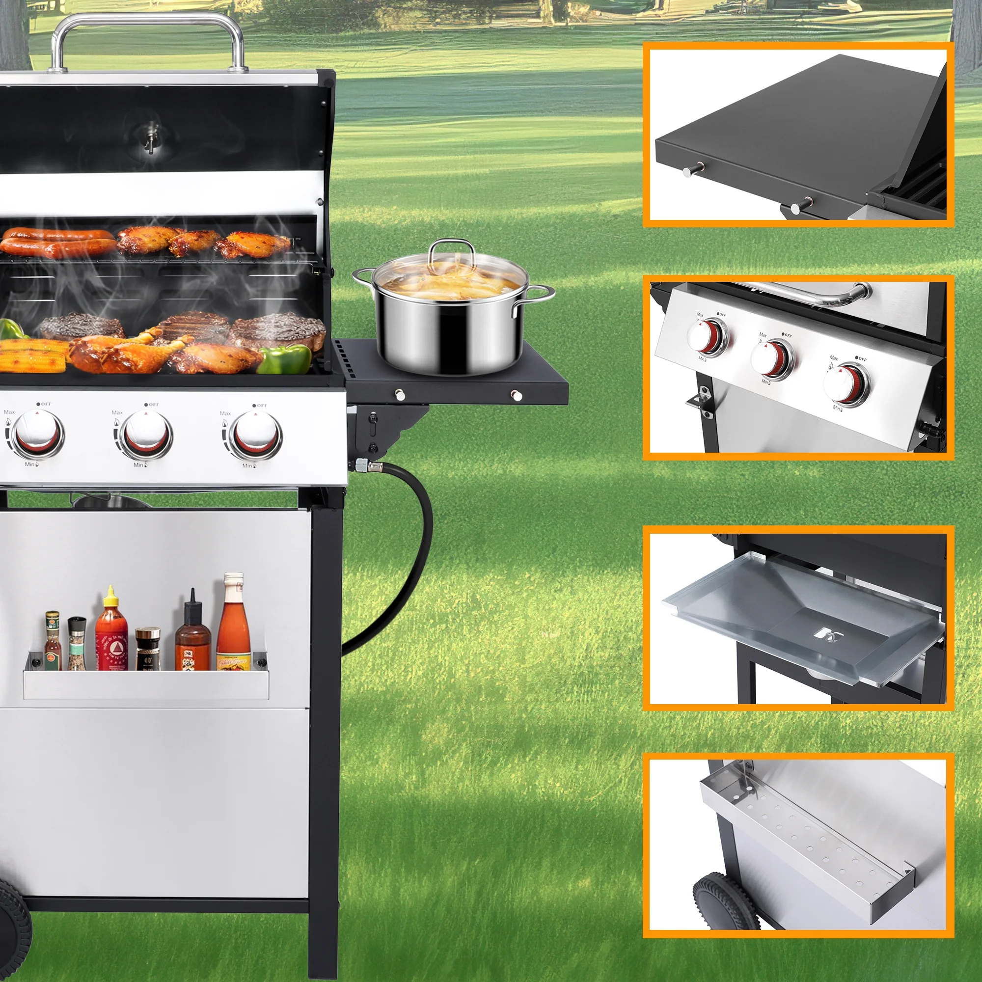 3-Burner Propane Gas Grill with 2 Foldable Side Tables, 30,000 BTU Outdoor BBQ Stainless Steel Grill with Porcelain-Enameled Cast Iron Grates and Thermometer, Easy Assembly for Patio, Backyard BBQ(Pro 3-Burner) - Image 4