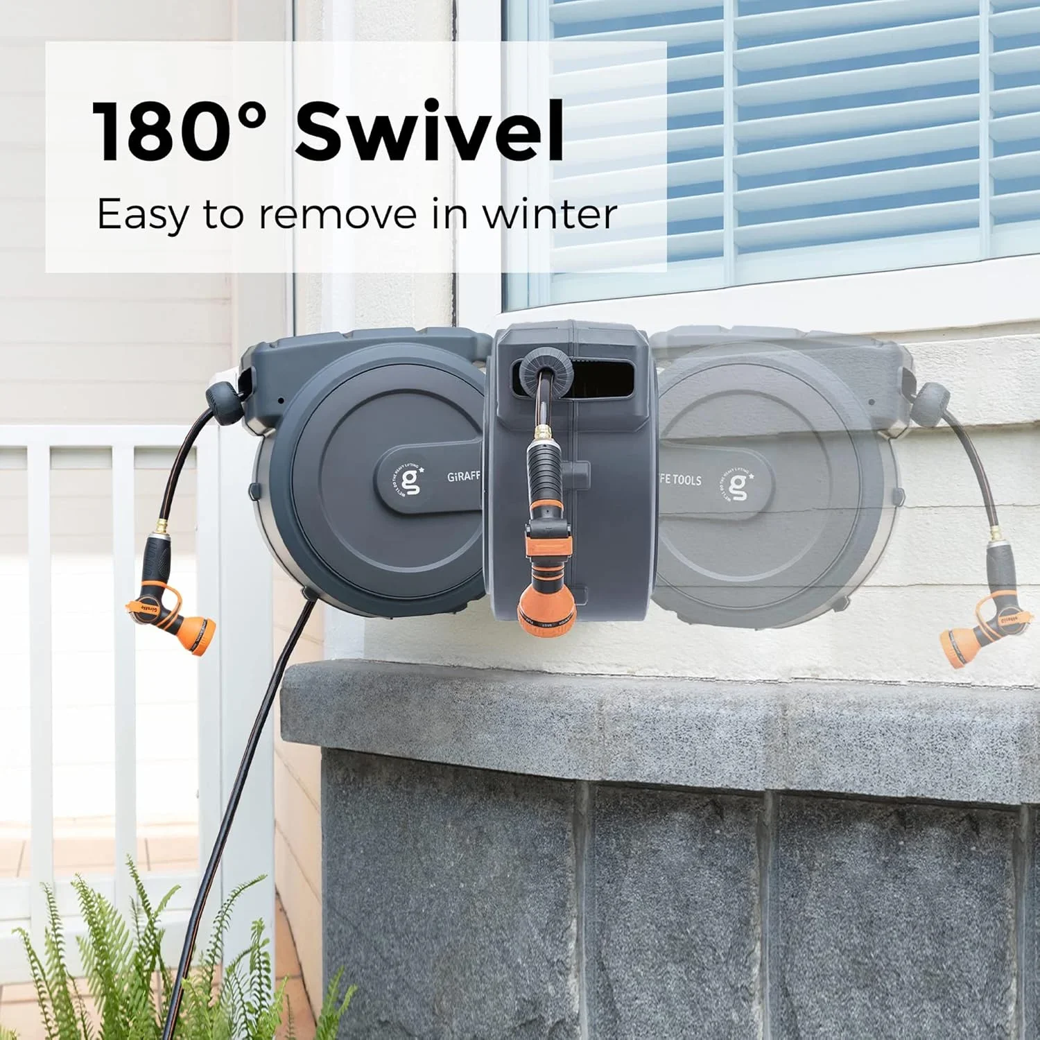 Giraffe Tools Retractable Garden Hose Reel with 1/2in-78ft Hose, Metal Bracket, Wall Mounted, Dark Grey