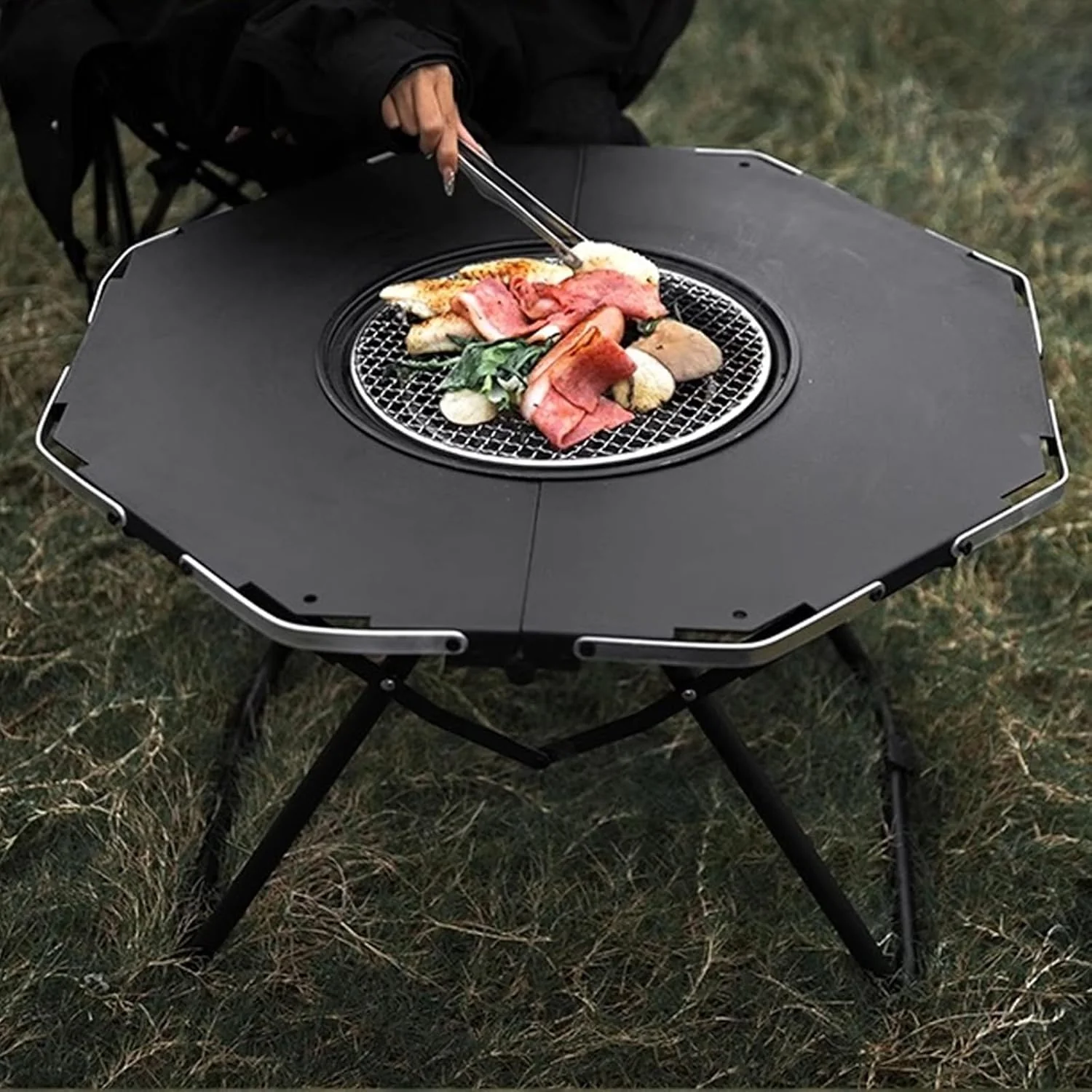 Portable Folding Charcoal Grill Table, Outdoor Picnic Table with Split Burner Design, Fast Foldable for Outdoor Activities