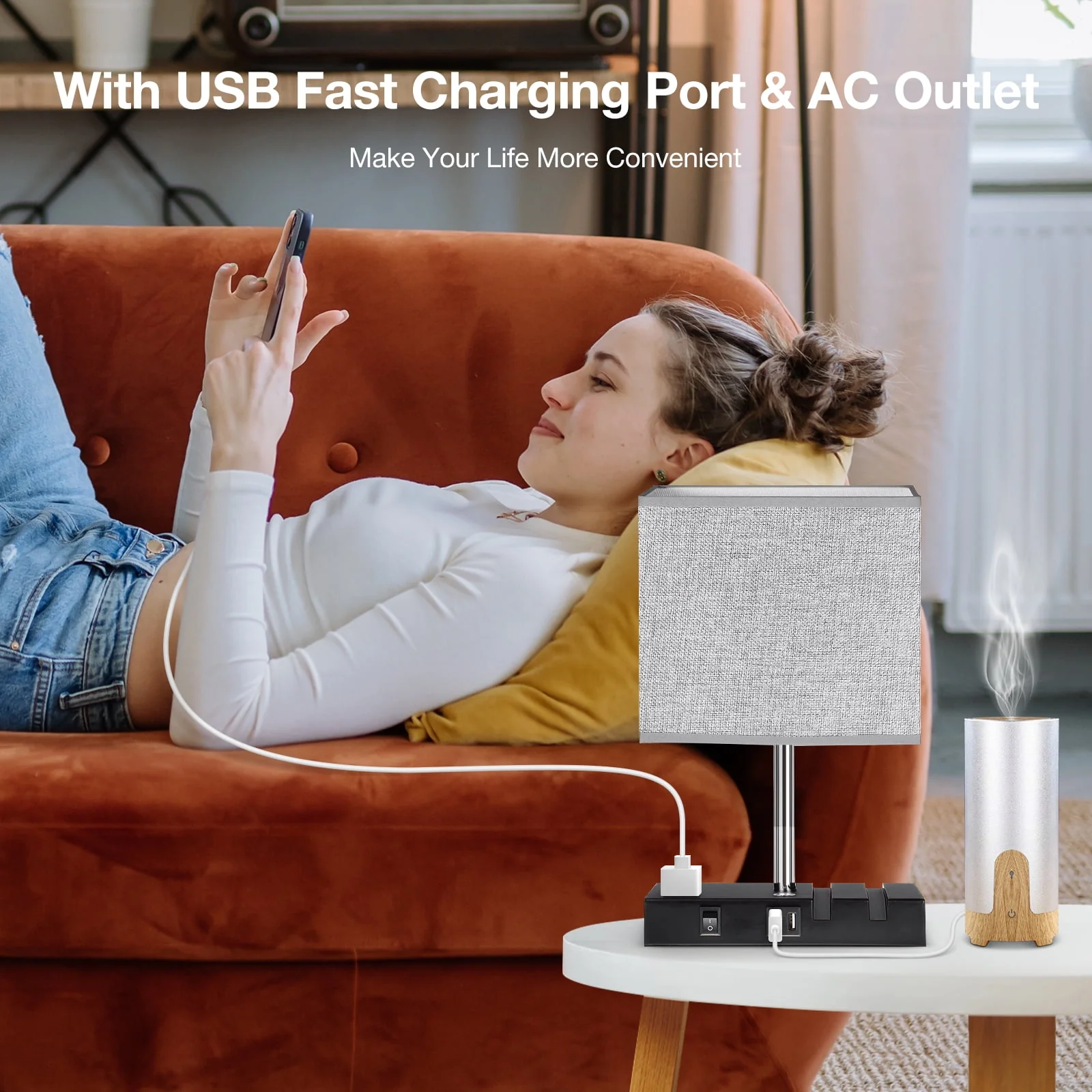 Touch Control Table Lamp with 2 USB Charging Ports, 1 AC Outlets and 2 Phone Stands, Modern USB Desk Lamp with Black Wooden Base and Grey Shade Suitable for Bedroom, Living Room Image 6
