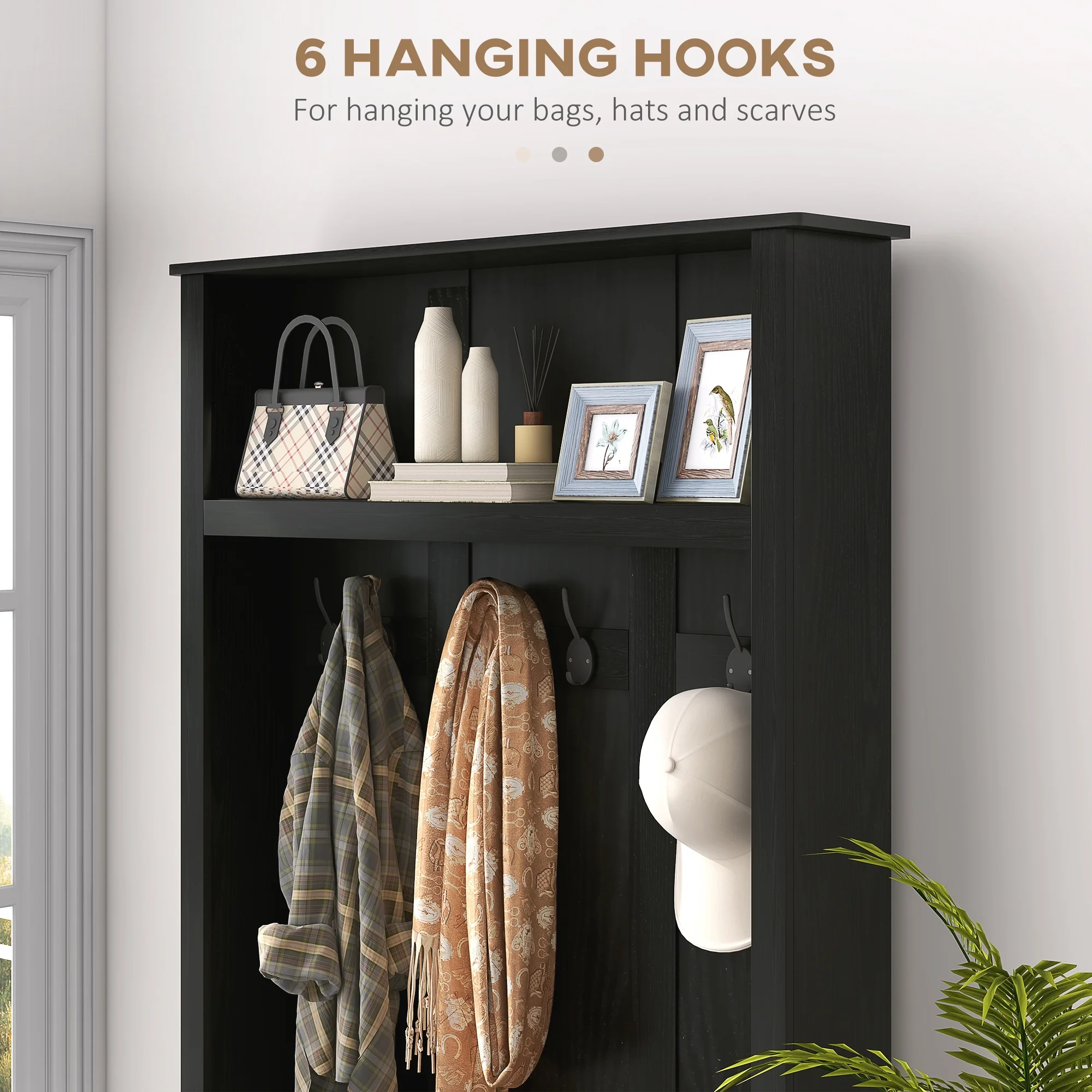 Hall Tree, Entryway Bench w/ Coat Rack, Shoe Cabinet, Black(Black) - Image 6