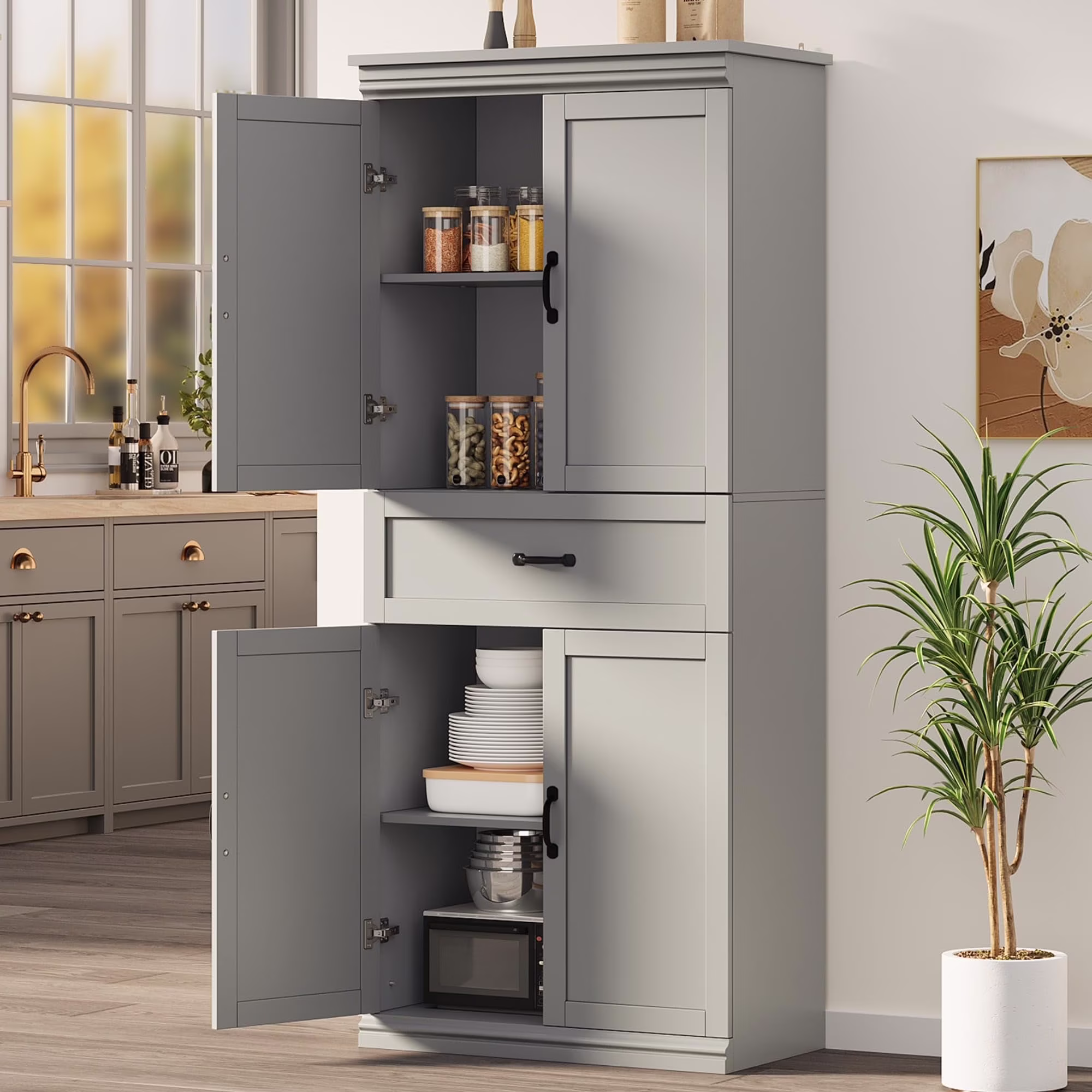 Pantry Cabinet, Freestanding Kitchen Pantry Storage Cabinet,70" Cupboard, Tall Storage Cabinet with Doors and Adjustable Shelves, for Bathroom, Dining Room, Living Room, Antique White/Gray(Antique White) - Image 3