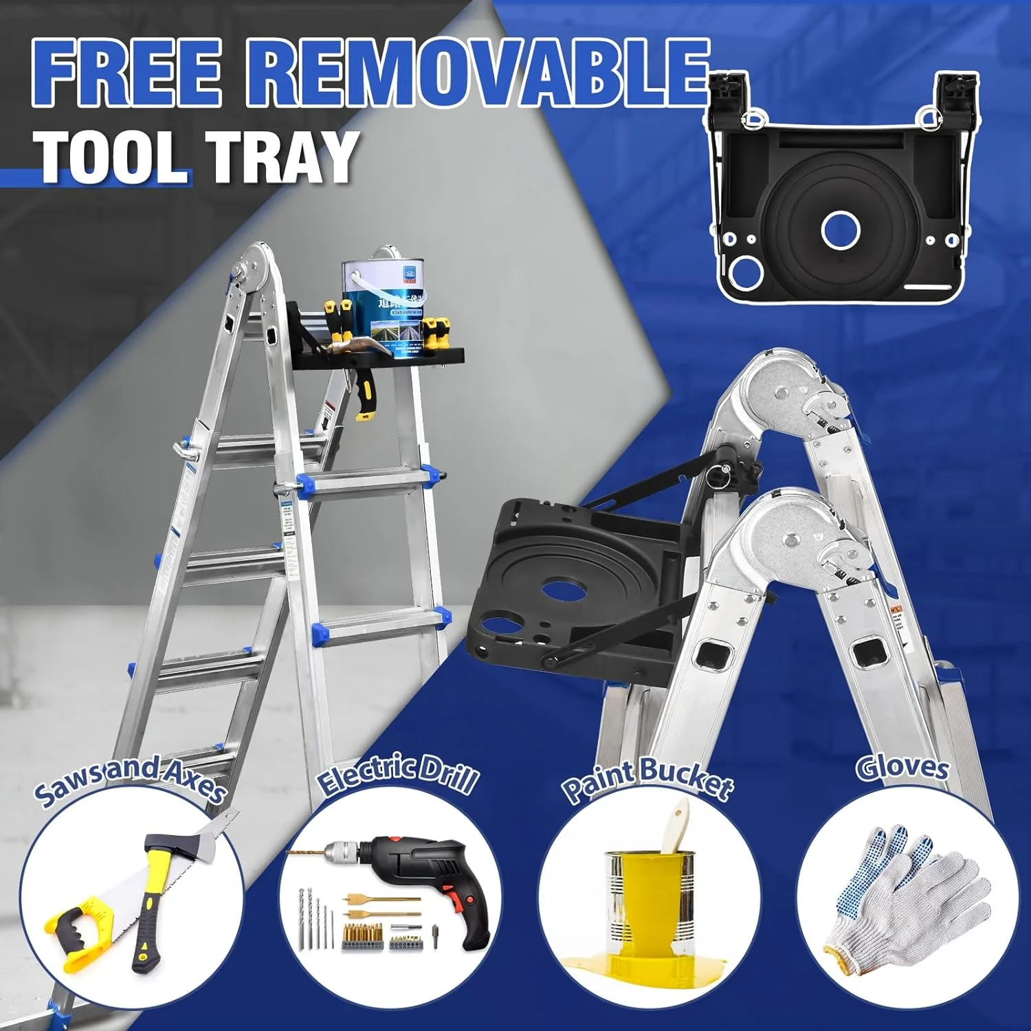 Hbtower Ladder, A Frame 4 Step Extension Ladder, 14 Ft Multi Position Ladder with Removable Tool Tray and Stabilizer Bar, 330 lb Capacity Telescoping Ladder for Household and Outdoor Work