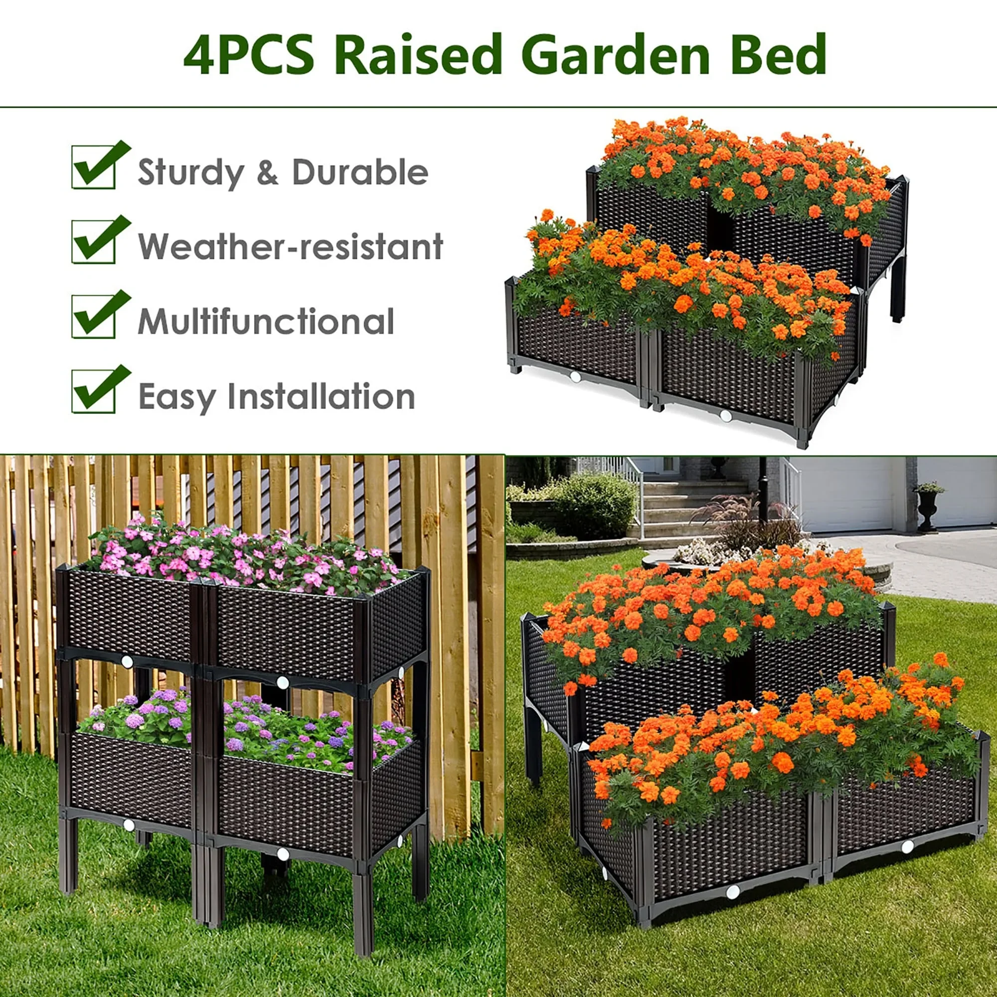 Set of 4 Raised Garden Bed Kits Plastic Elevated Garden Bed Brown + Black