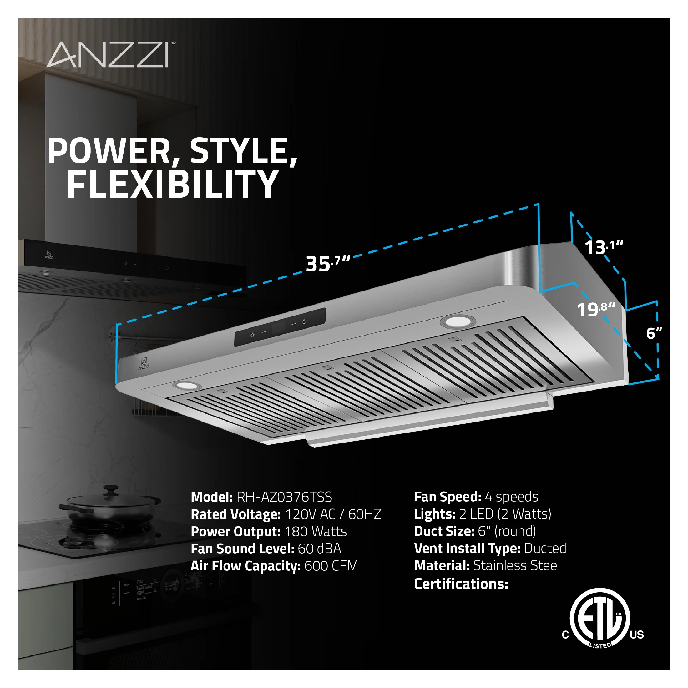 Anzzi RH - AZ0391TSS 36 In. 600 CFM 4 - Speed Stainless Steel Under Cabinet Convertible Residential Range Hood with LED Lamp