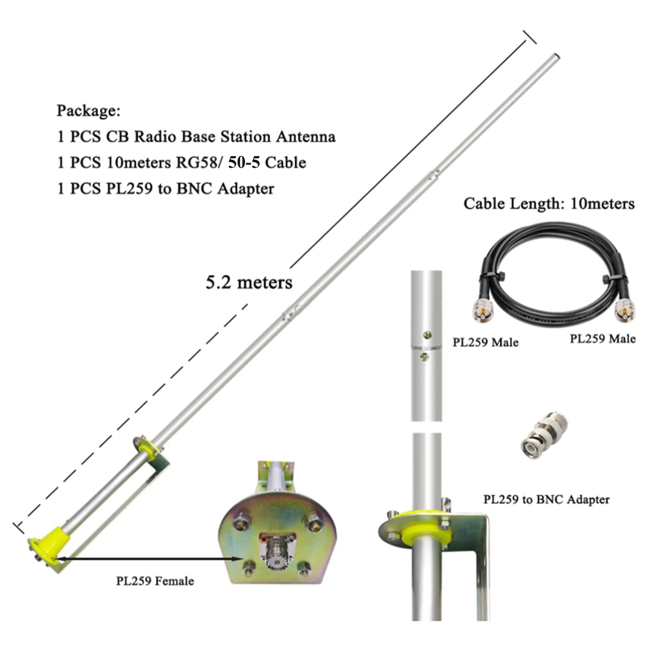 5.2meters 27mhz CB Base Antenna Ham Radio Base Station Antennas Kit with 10meter Cable PL - 259 BNC for Home Cobra Uniden Bearcat Mobile Ham CB Two Way Radio