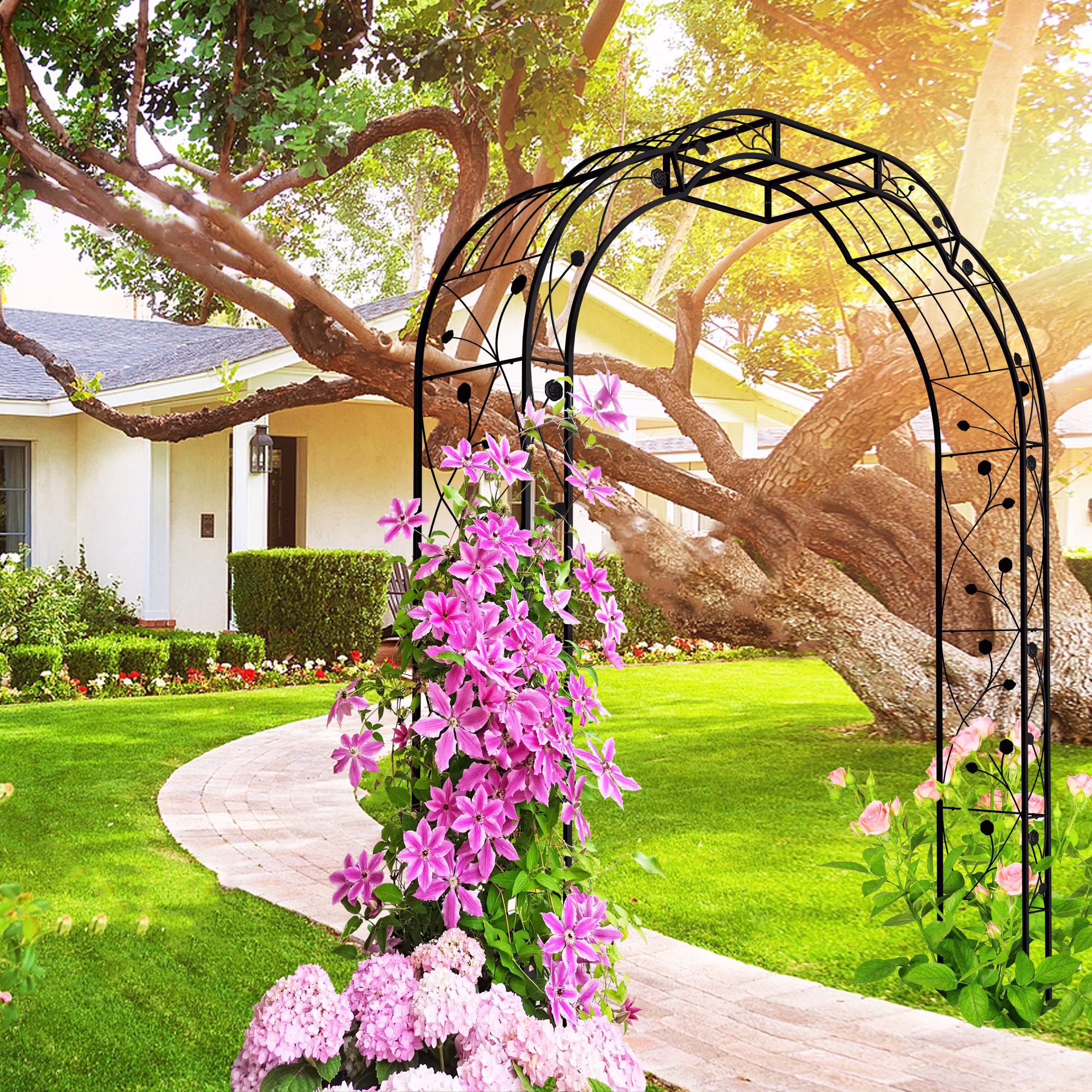 Yoneston 98.4H Metal Garden Arch Trellis, Garden Arbor Trellis Support Rose Arch for Outdoor Plant Climbing or Wedding Decor, Black