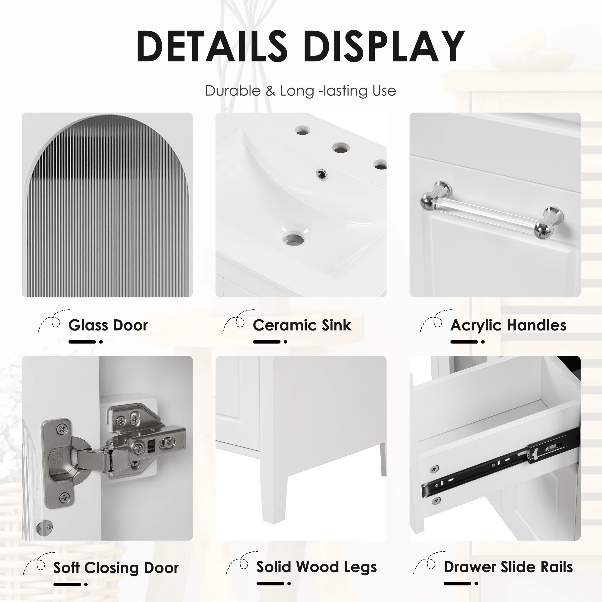 24" Bathroom Vanity with Ceramic Sink, Solid Wood Bathroom Makeup Cabinet with Door, Adjustable Shelf and 2 Drawer, Free Standing Single Basin Vanity Set for Small Bathroom, White(White) - Image 6