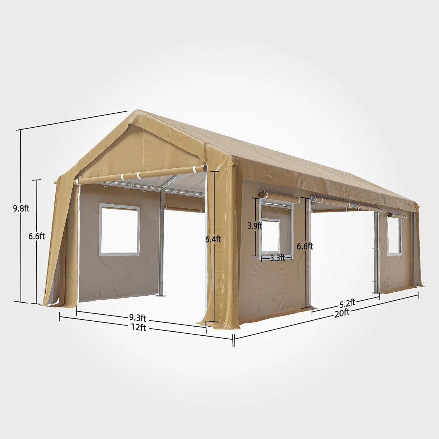 12x20 Heavy-Duty Carport Canopy Tent with 4 Roll-Up Doors 4 Windows Waterproof UV-Protected Powder-Coated Steel Frame Removable Sidewalls Khaki(12' x 20'/Khaki) - Image 4