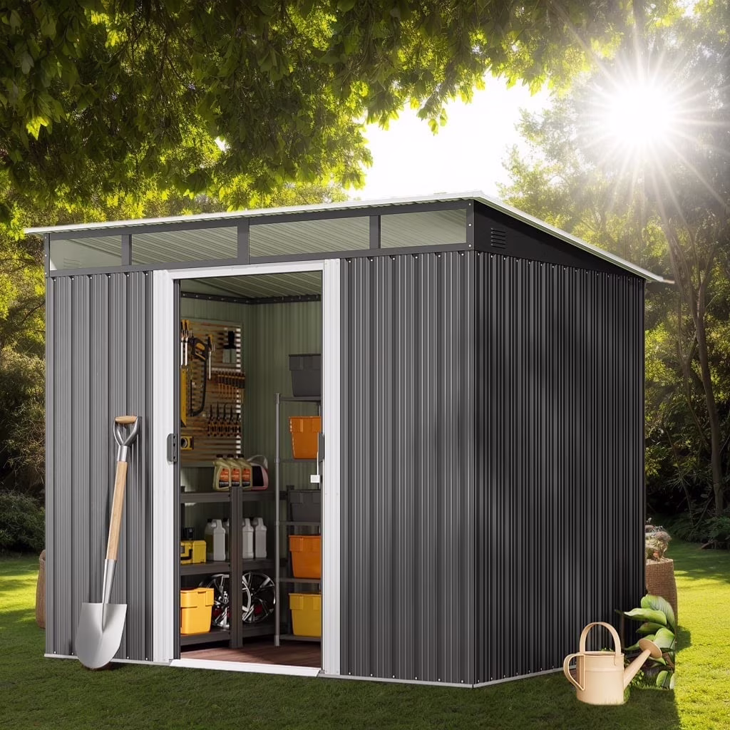 8'x6'ft Metal Shed , Asofer Outdoor Storage Shed with Transparent Panel Window for Garden, Dark Gray