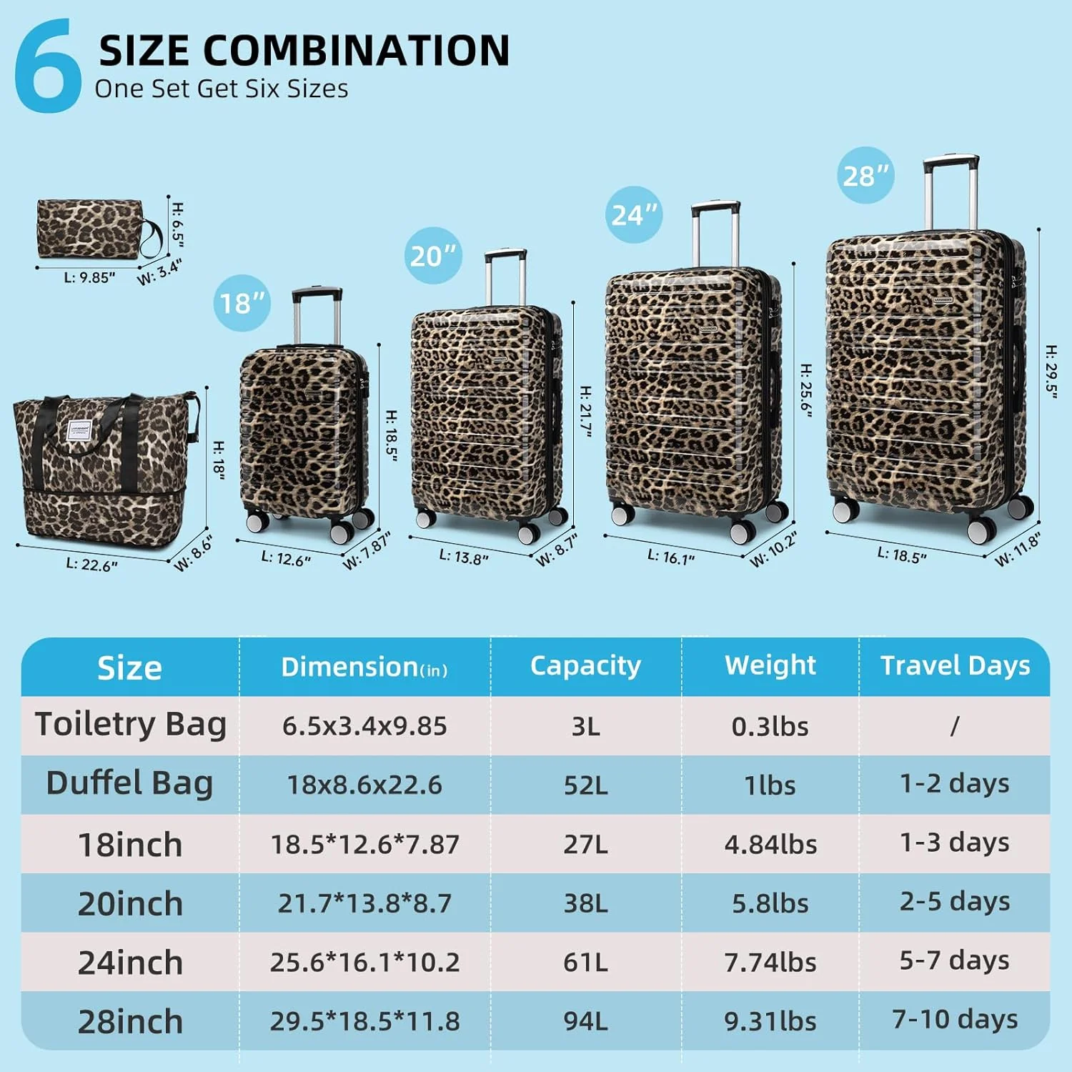 Ensemble de 6 valises, ensemble de valises rigides extensibles avec roulettes multidirectionnelles, ensemble de bagages à roulettes légers