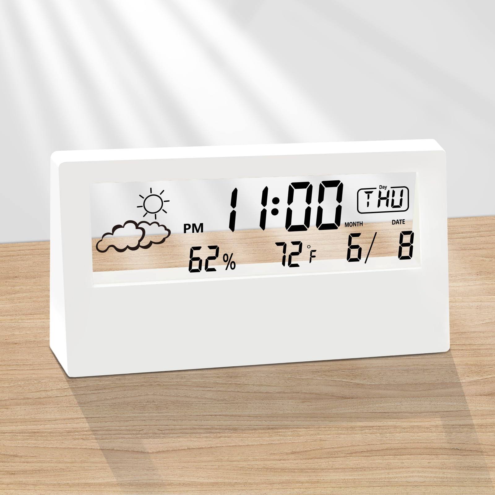 LuxSoramia Digital Alarm Clock,Transparent Modern Design, Temperature, Humidity, Snooze, Aesthetic Home & Office Decor, Battery Operated Desk Clock